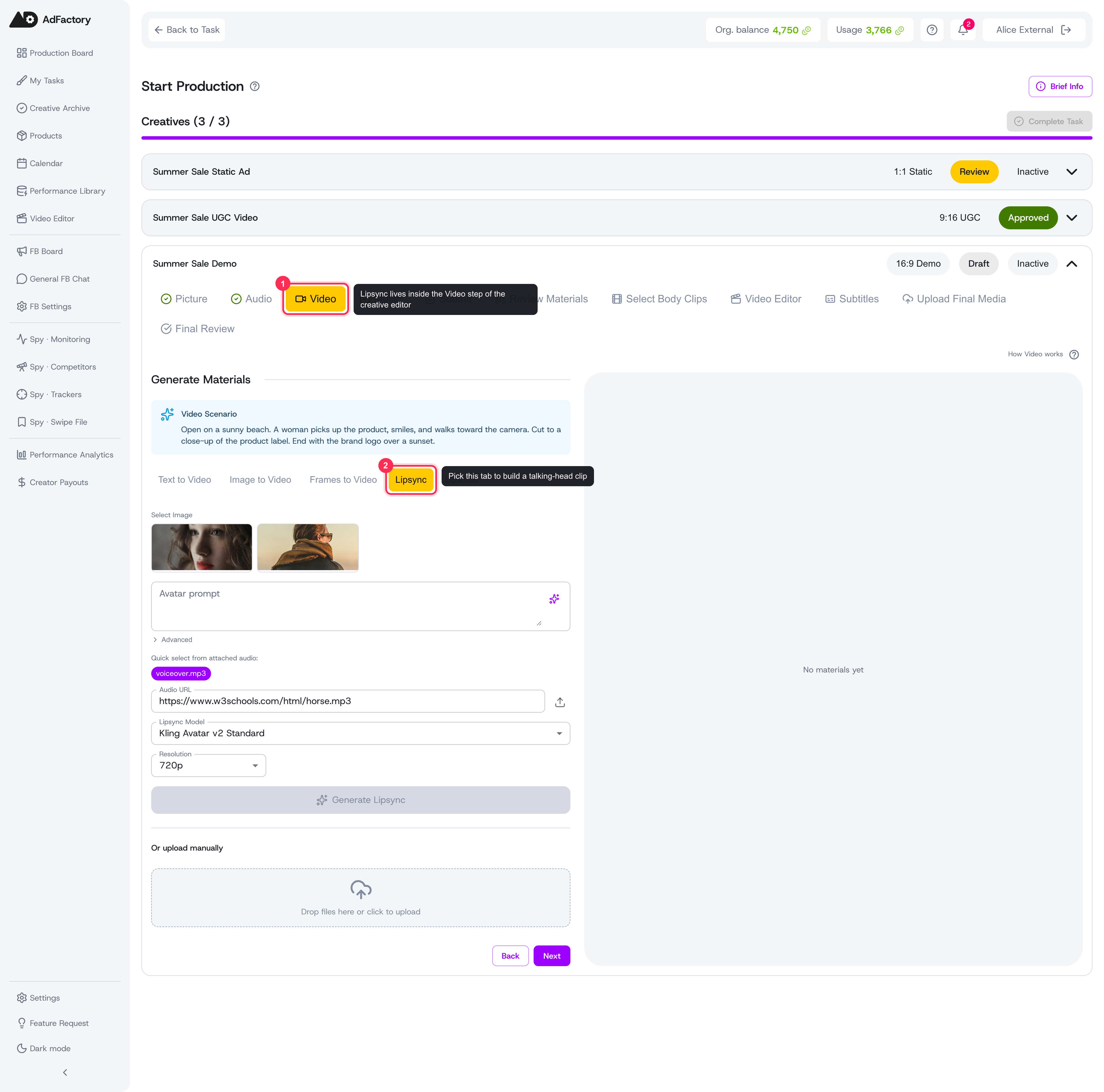 The Lipsync tab on the Video step of the creative editor, with a source face, audio, model and resolution ready to generate
