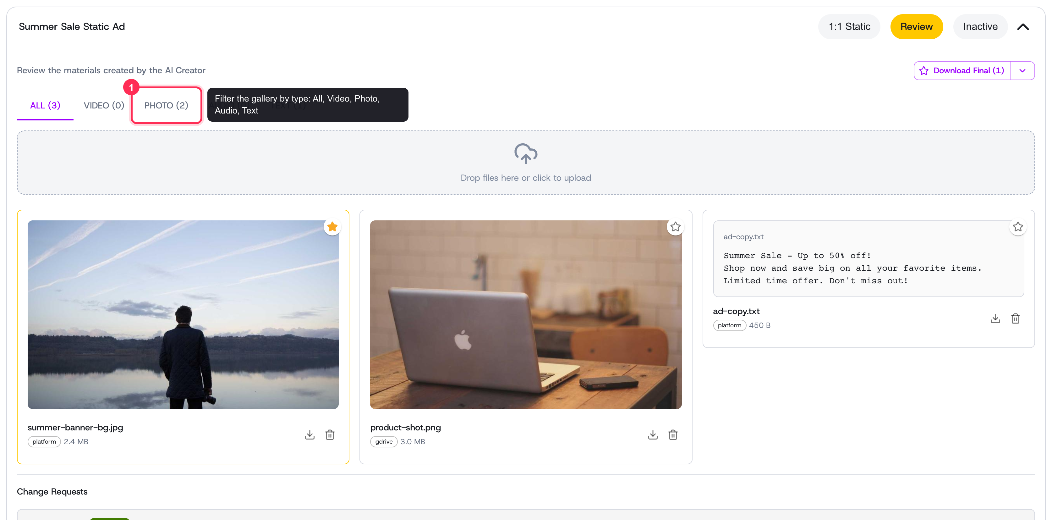 A creative's materials gallery with type filter tabs, previews, and batch download