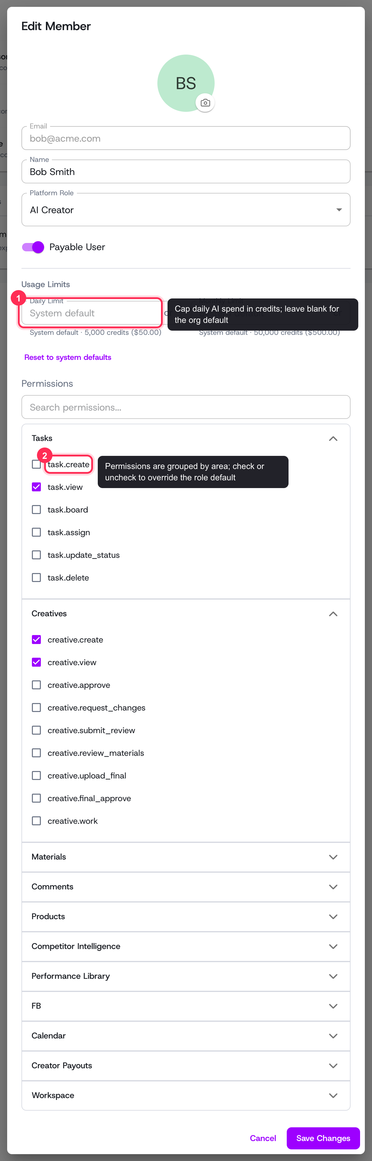 The Edit member dialog: set per-member usage limits and fine-tune grouped, searchable permissions