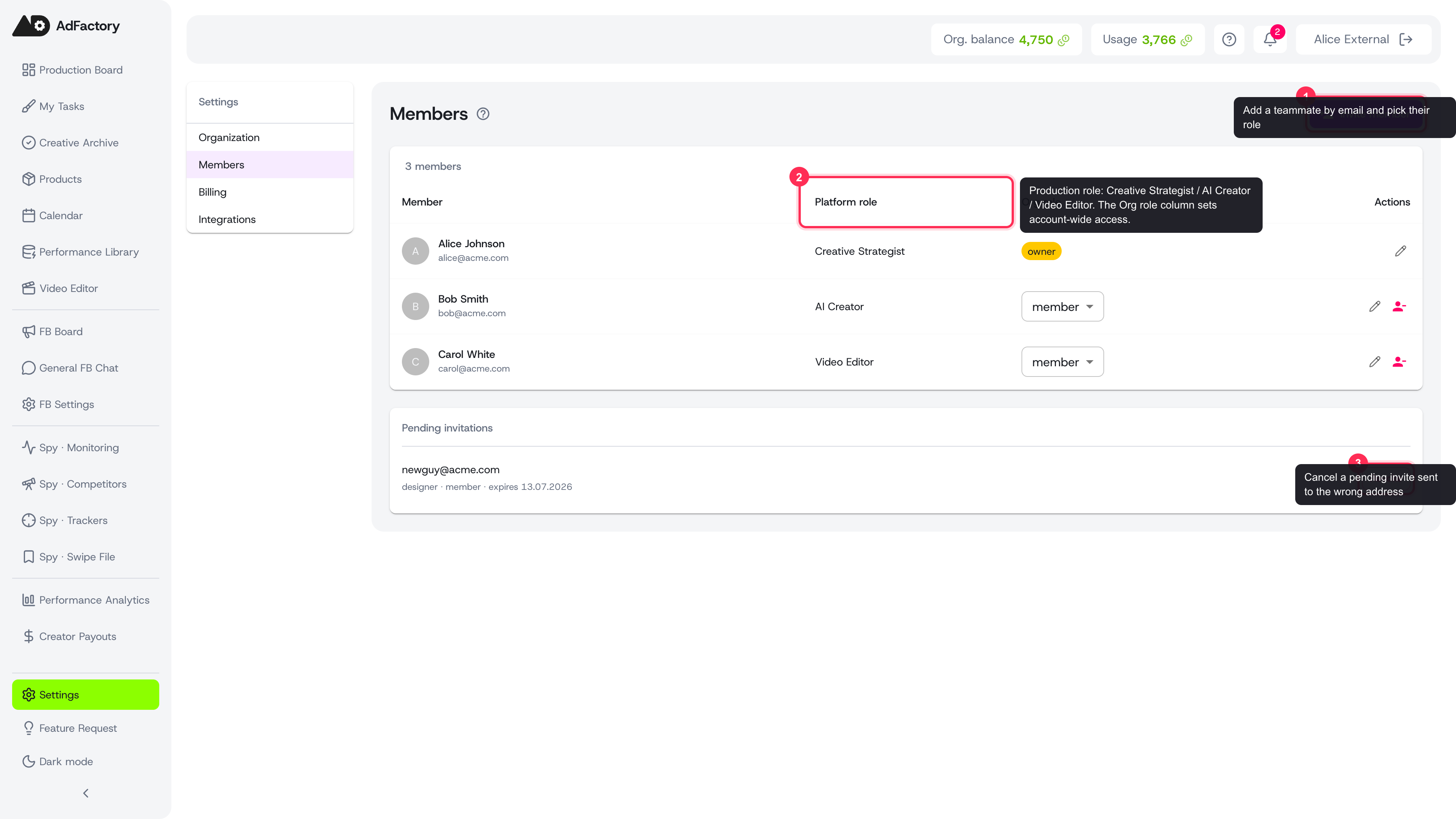 The Members page: invite teammates, set their platform and org roles, and manage pending invitations from one place