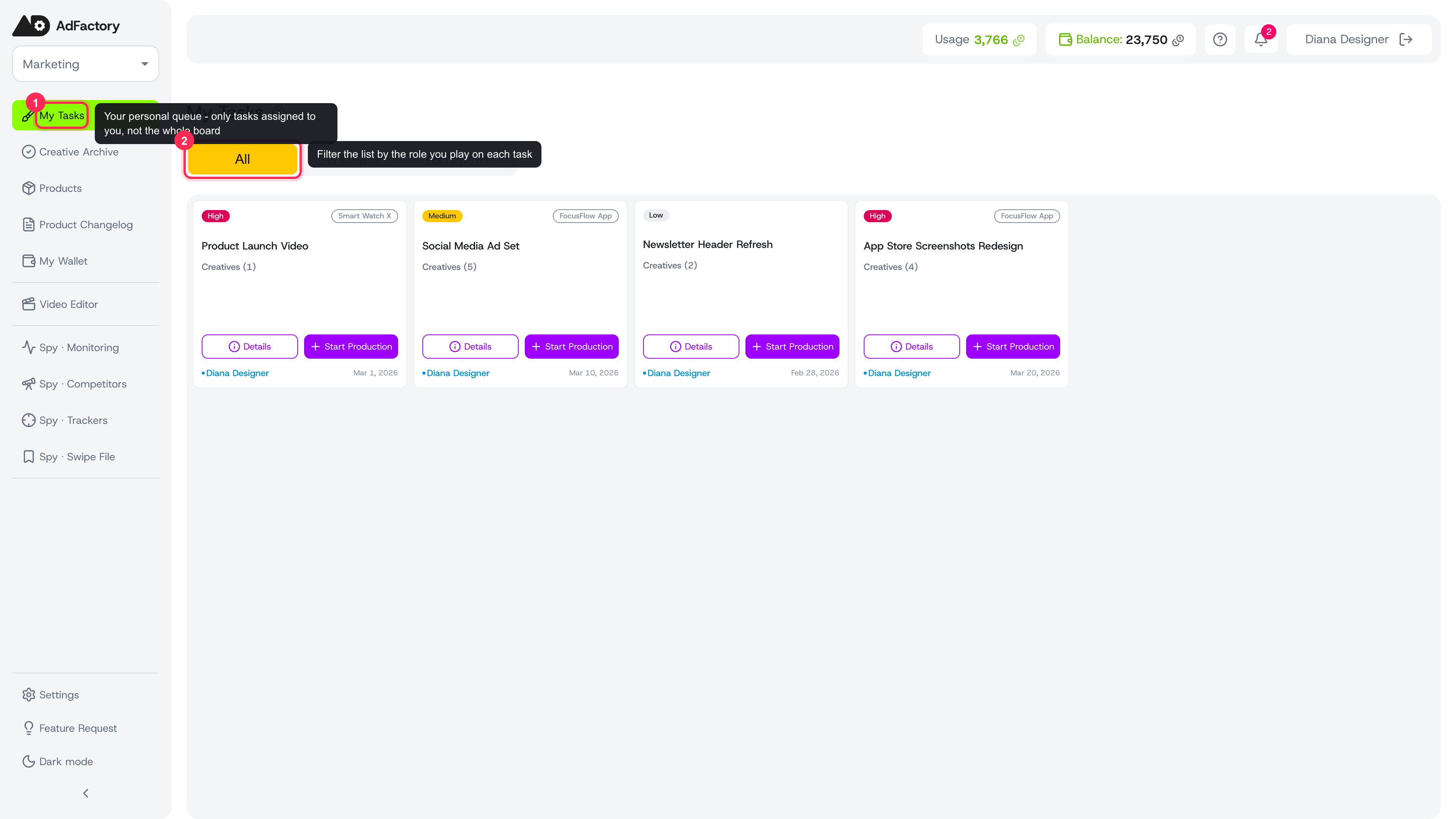 The My Tasks view listing every task card assigned to you