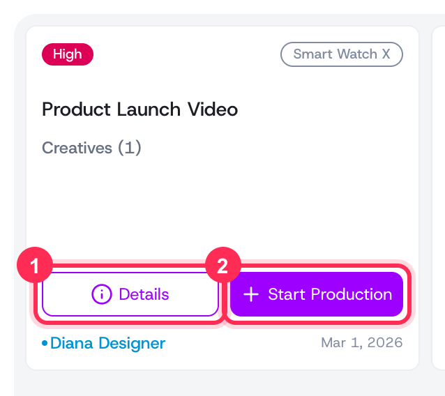 The Details and Start Production buttons on a task card