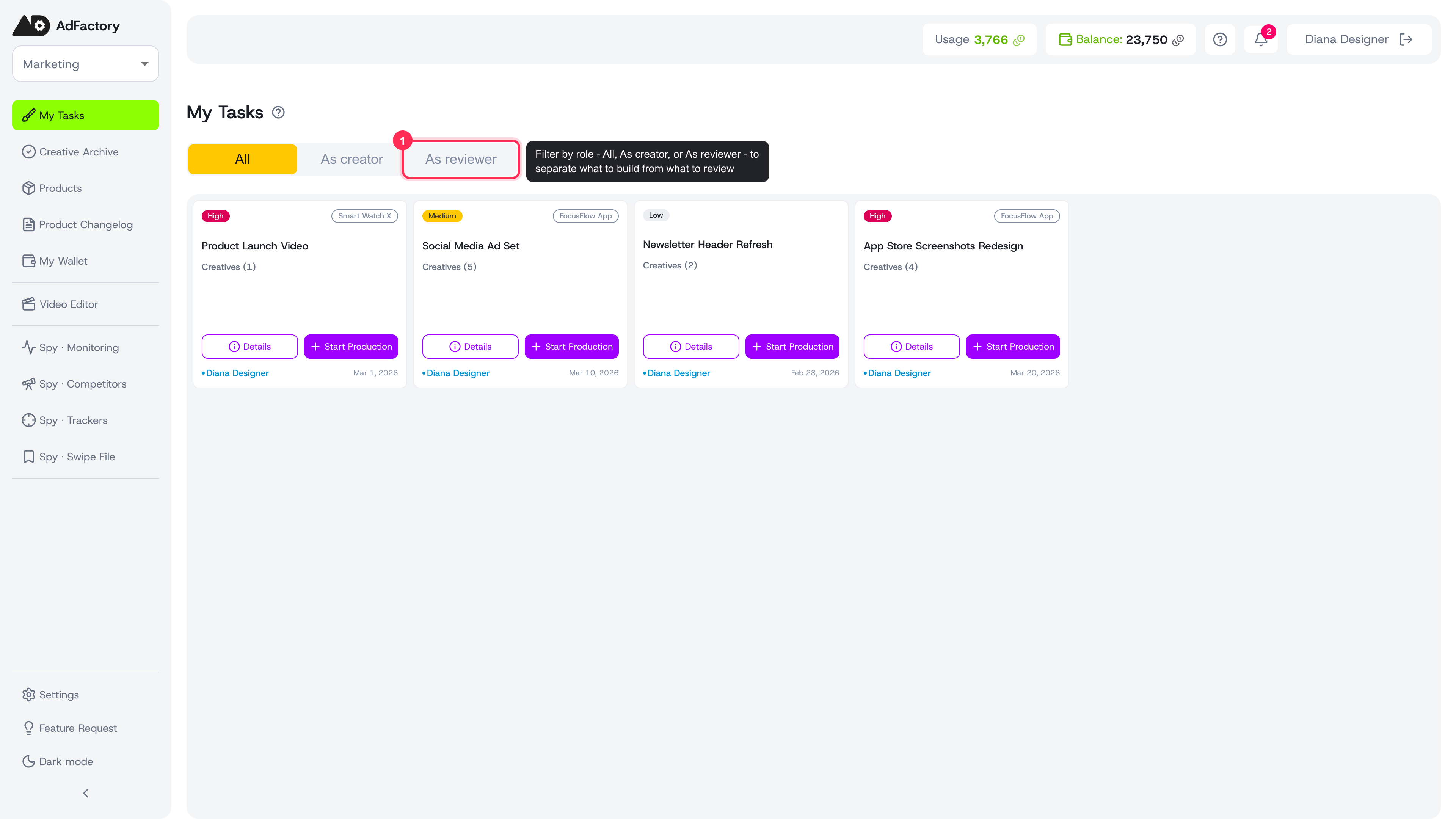 The All, As creator, and As reviewer segmented control at the top of My Tasks