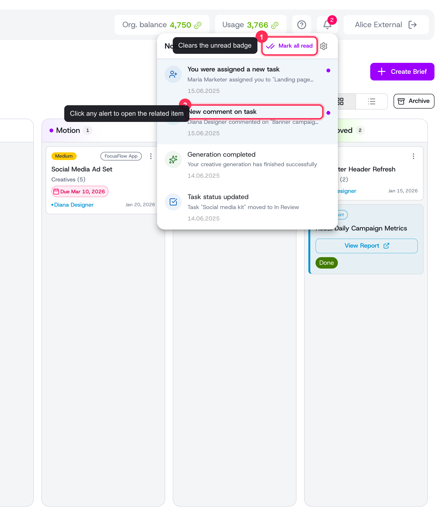 The panel lists recent alerts newest-first. Click one to open the related item, or use Mark all read to clear the badge.