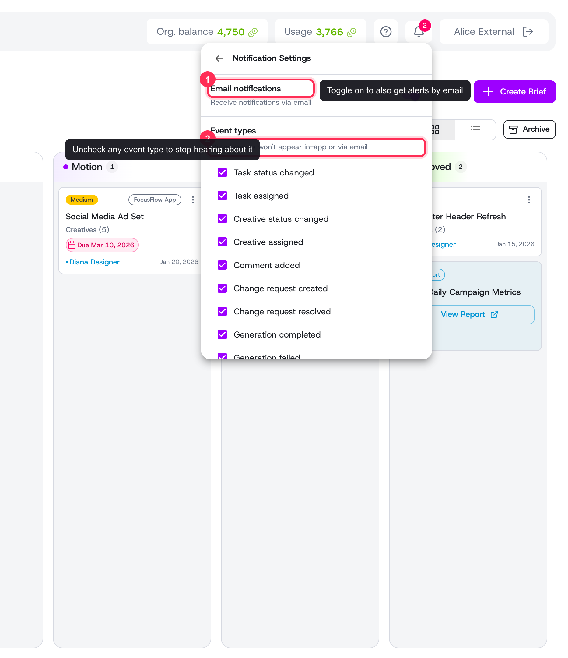 The gear opens your personal preferences: toggle email delivery and uncheck any event types you want to mute.