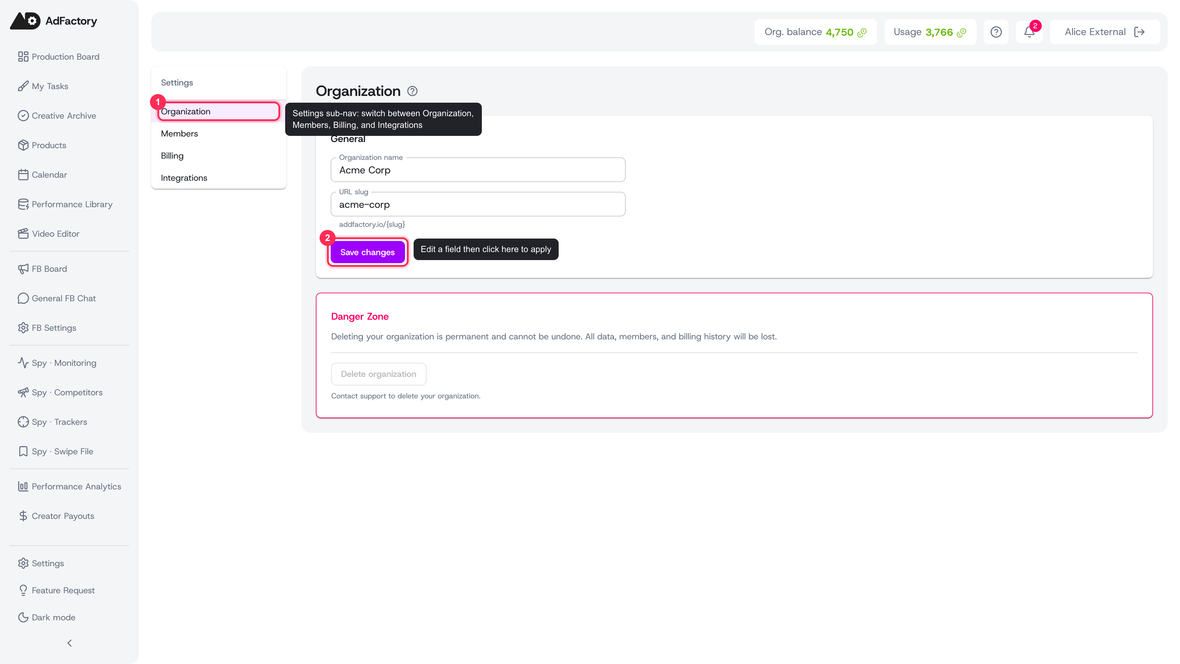 The Organization tab with the settings sub-nav, editable name and URL slug fields, and the Save changes button