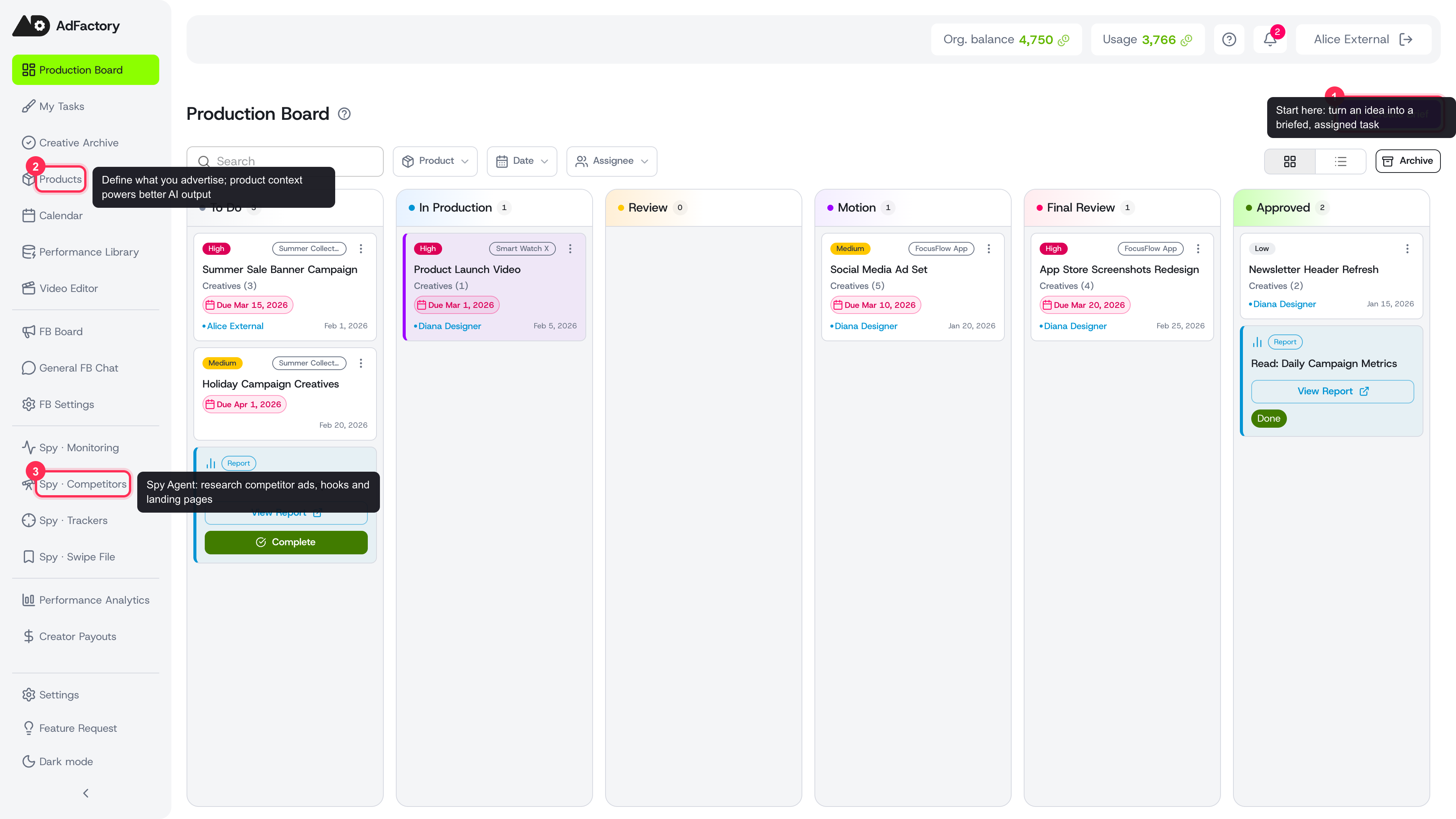 The Production Board is your home base; the left rail links to research, products, and analytics