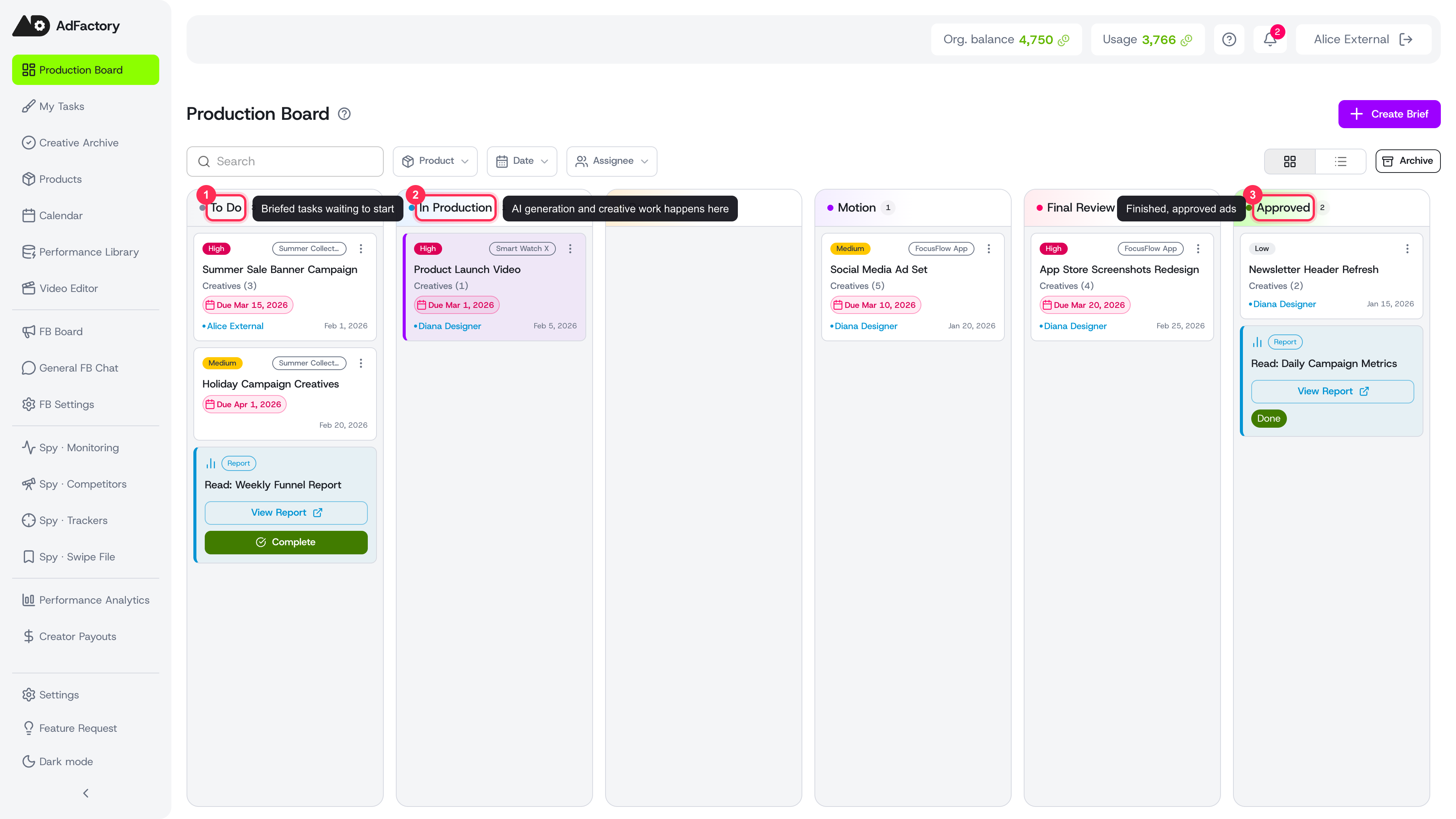 Work flows across these stages, from briefed task to approved creative