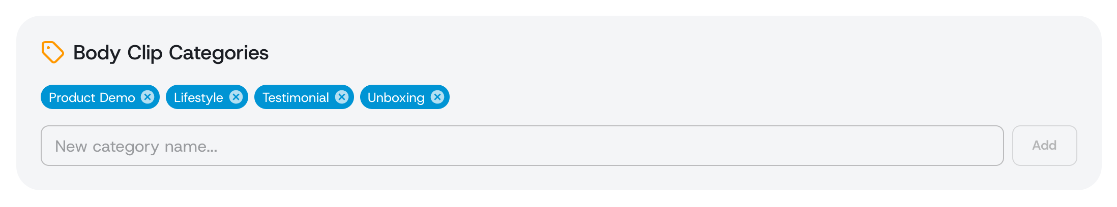 Body clip categories listed as tags with a field to add new ones