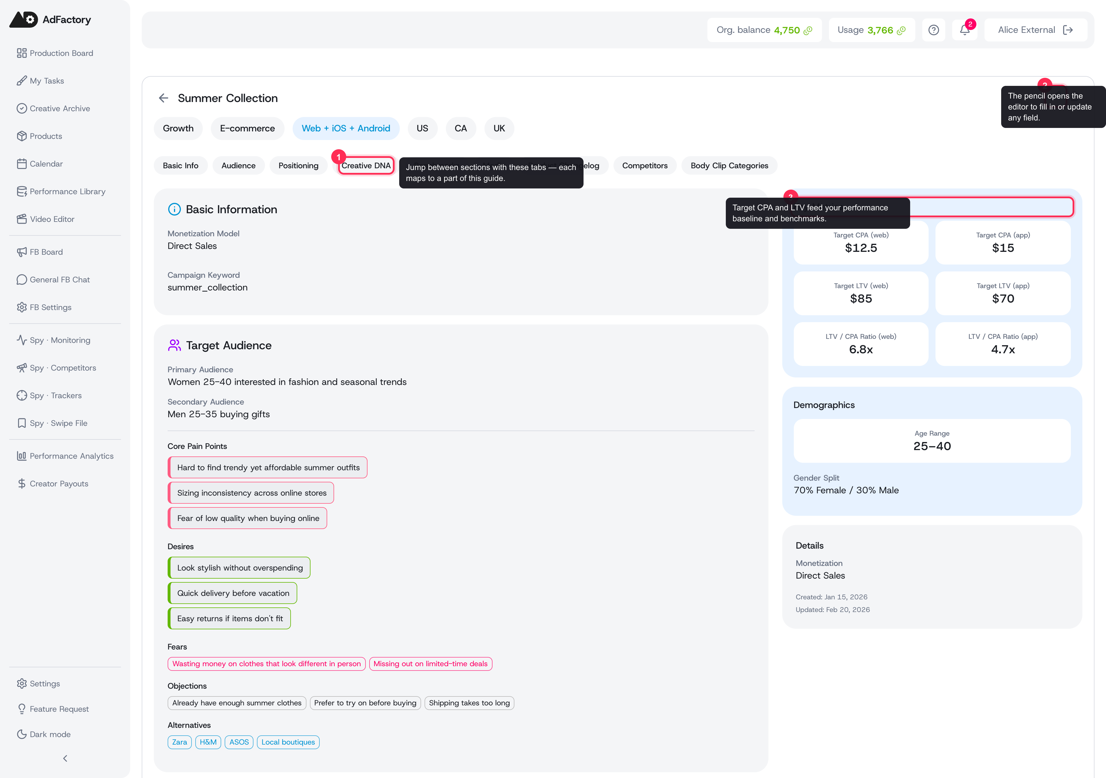 The product profile organizes audience, positioning, and performance into tabbed sections, with an edit pencil to fill in any field