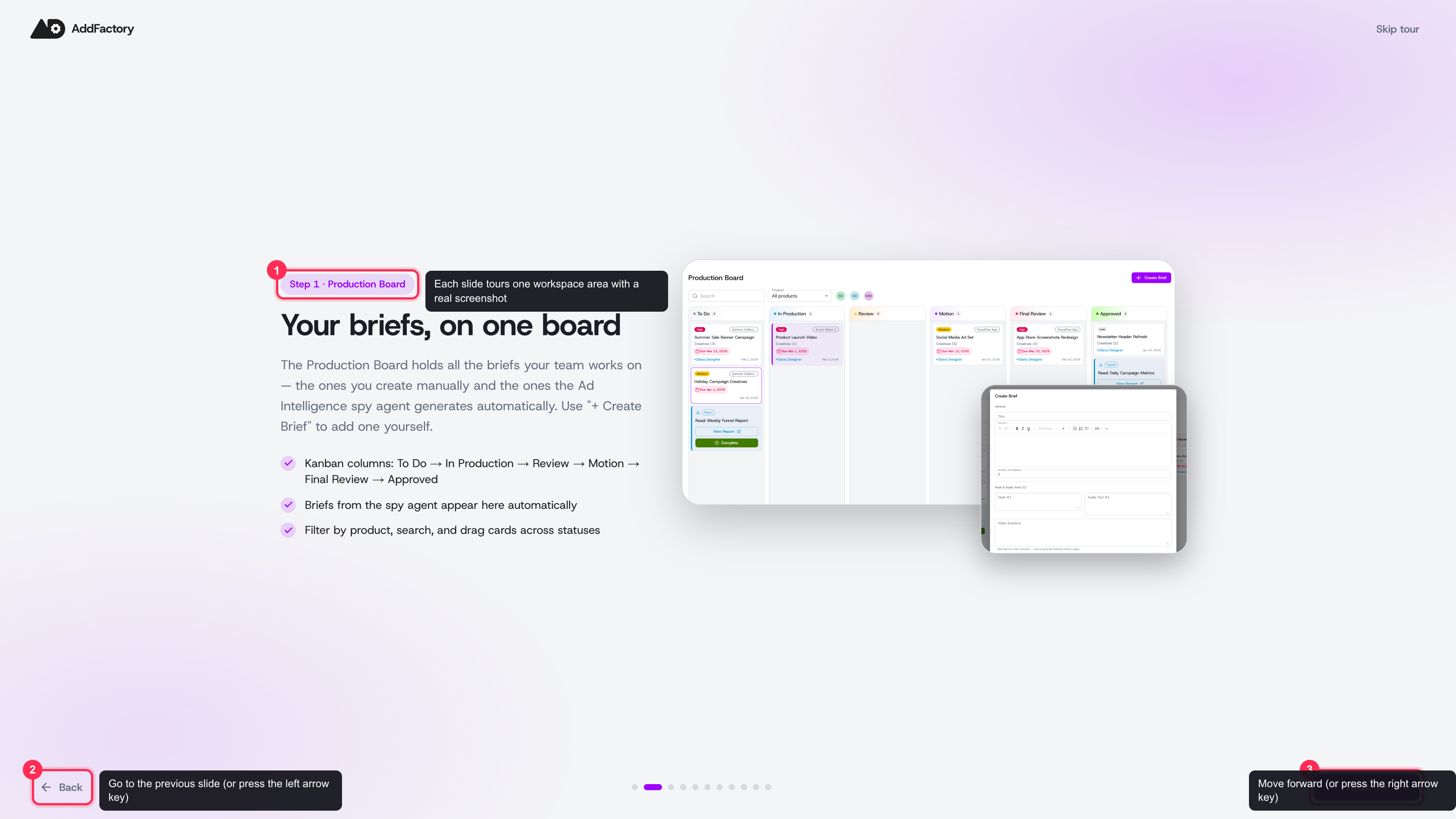 Each slide tours one workspace area with a real screenshot — use Next, Back, the arrow keys, or the dots to move around