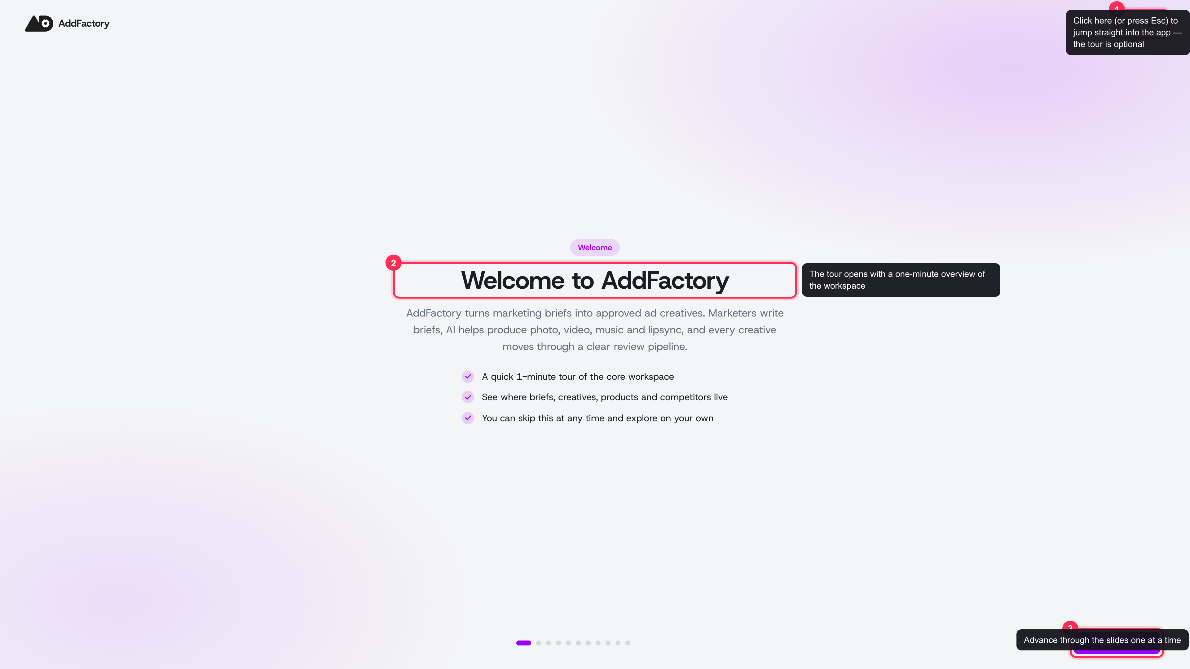 The product tour opens as a full-screen, optional walkthrough with Skip tour and Next controls