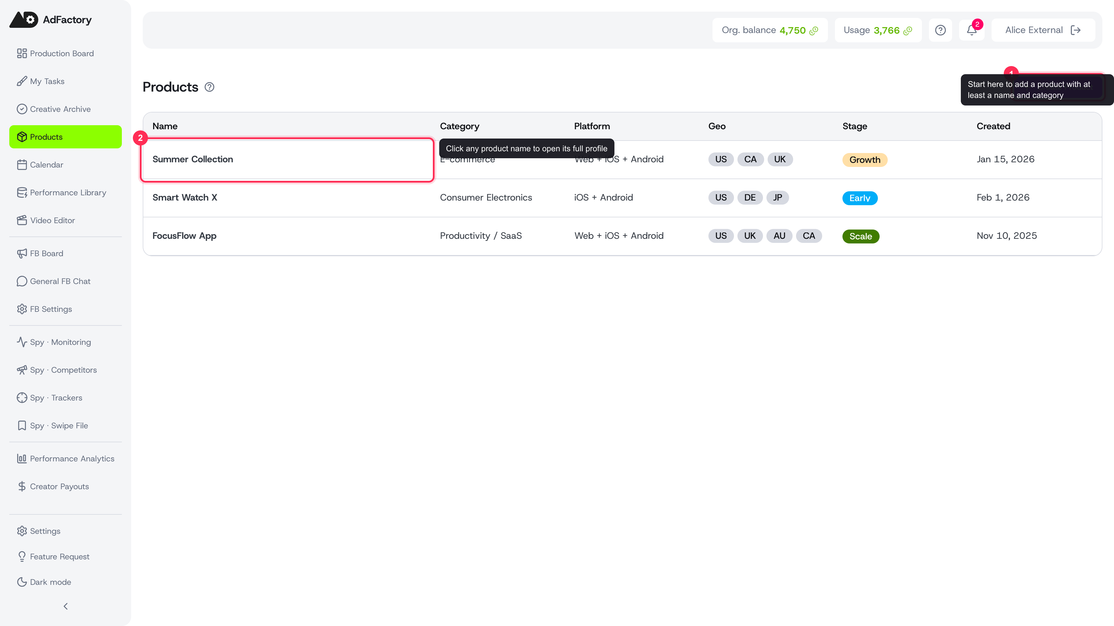 The Products list showing each advertised product with its category, platform, target geos, and growth stage