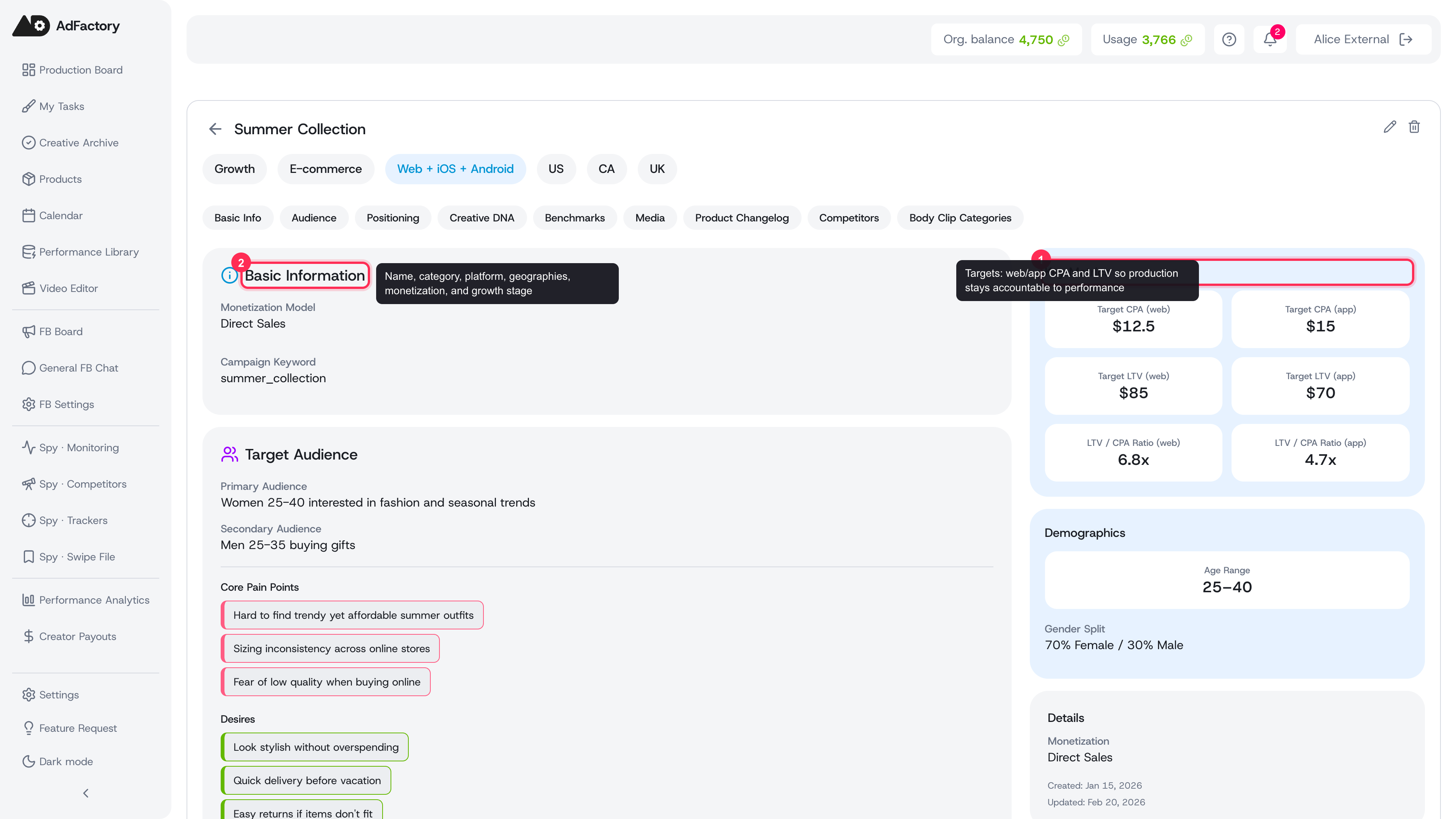 The product profile: Basics and the Key Metrics sidebar define who the product is and the economics to hit