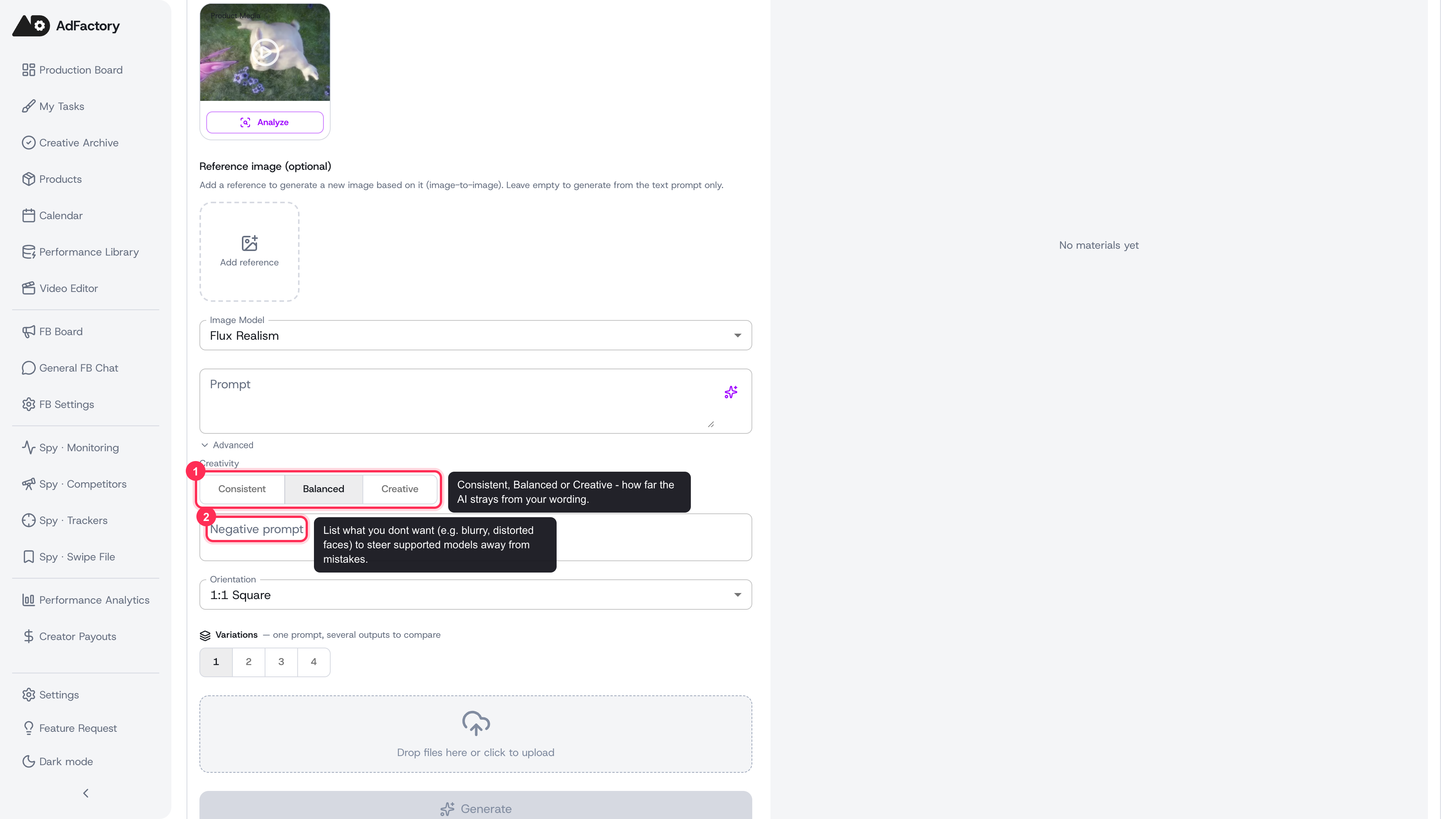 The expanded Advanced panel showing the Creativity toggle and the Negative prompt field