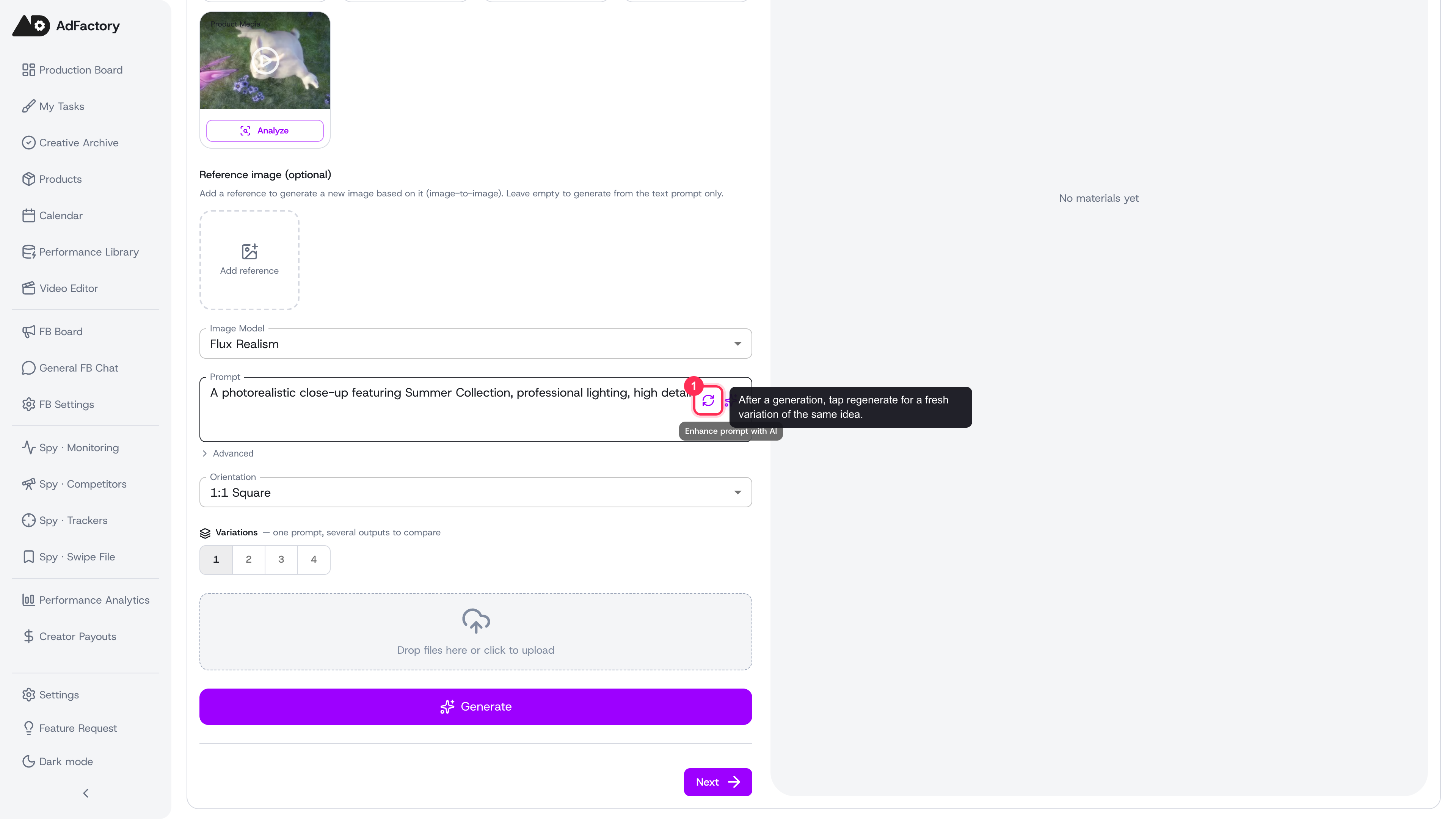 After generating a prompt, a regenerate button appears beside the sparkle for a fresh variation of the same idea