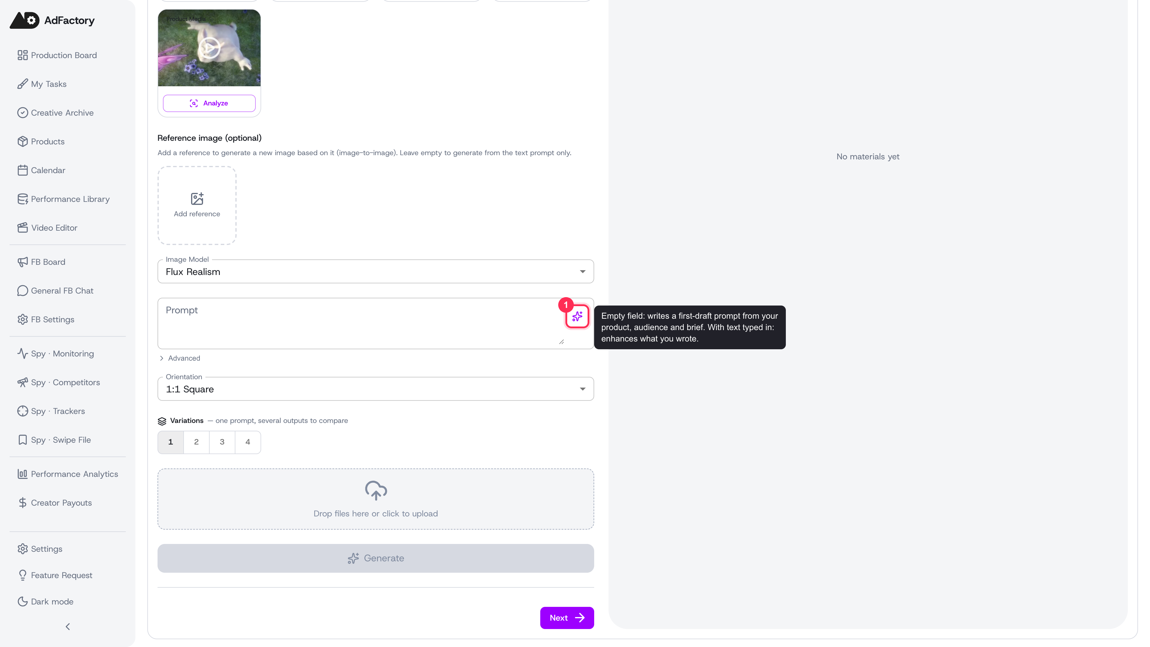 The image prompt field in the creative editor, with the sparkle button that generates or enhances your prompt