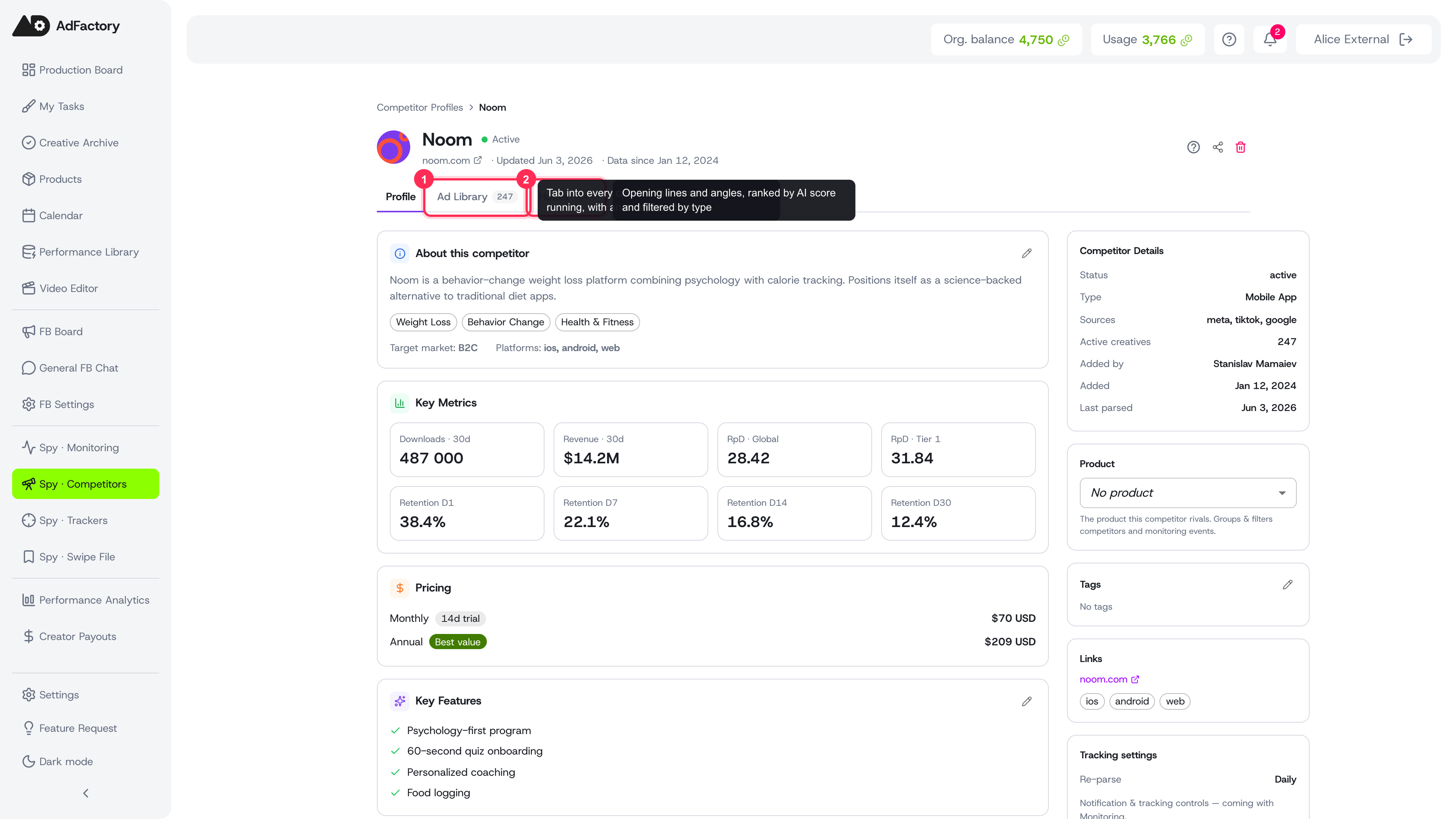 A competitor profile is the hub for their ads, hooks, and landing pages — the jumping-off point for the rest of the research loop