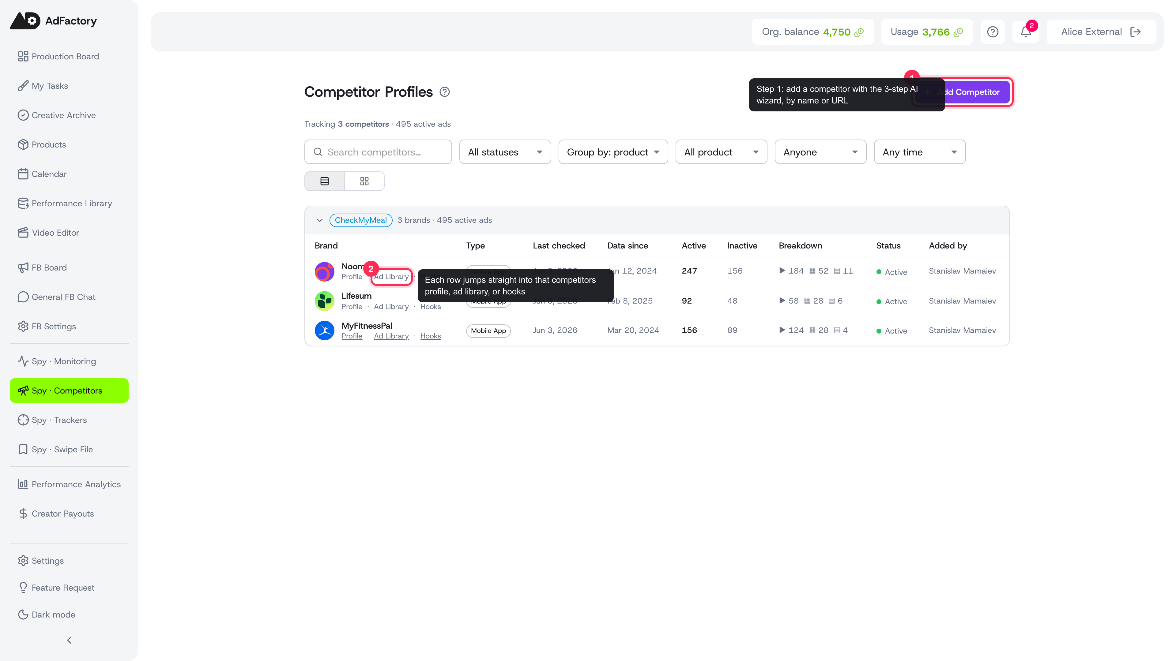 The Spy Agent workspace: every tracked competitor with its ad counts, status, and quick links into their profile, ad library, and hooks