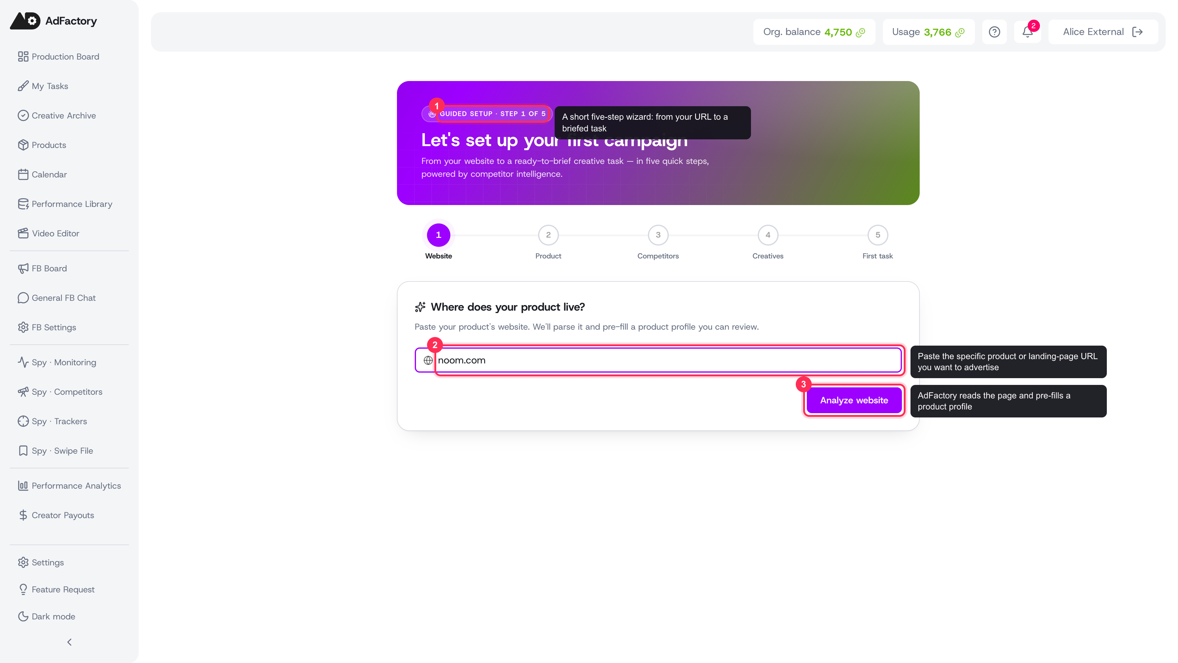 Step 1 — paste your product's website; AdFactory reads the page to pre-fill your profile