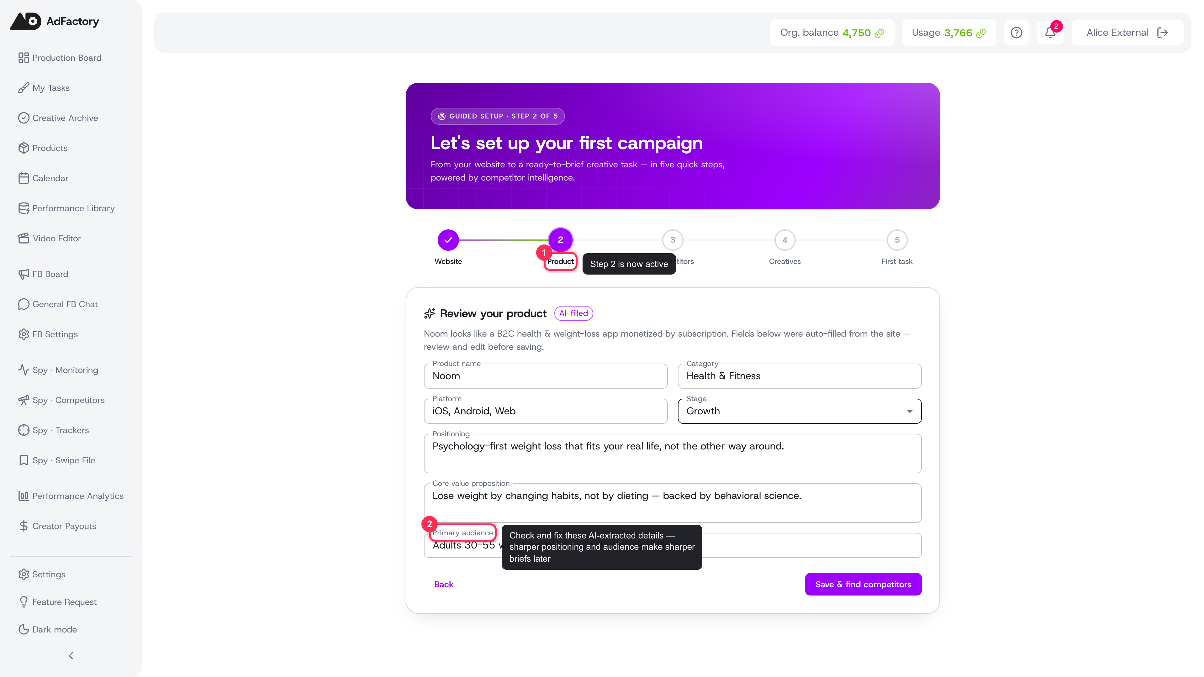 Step 2 — review the AI-generated product profile, correct anything off, and save