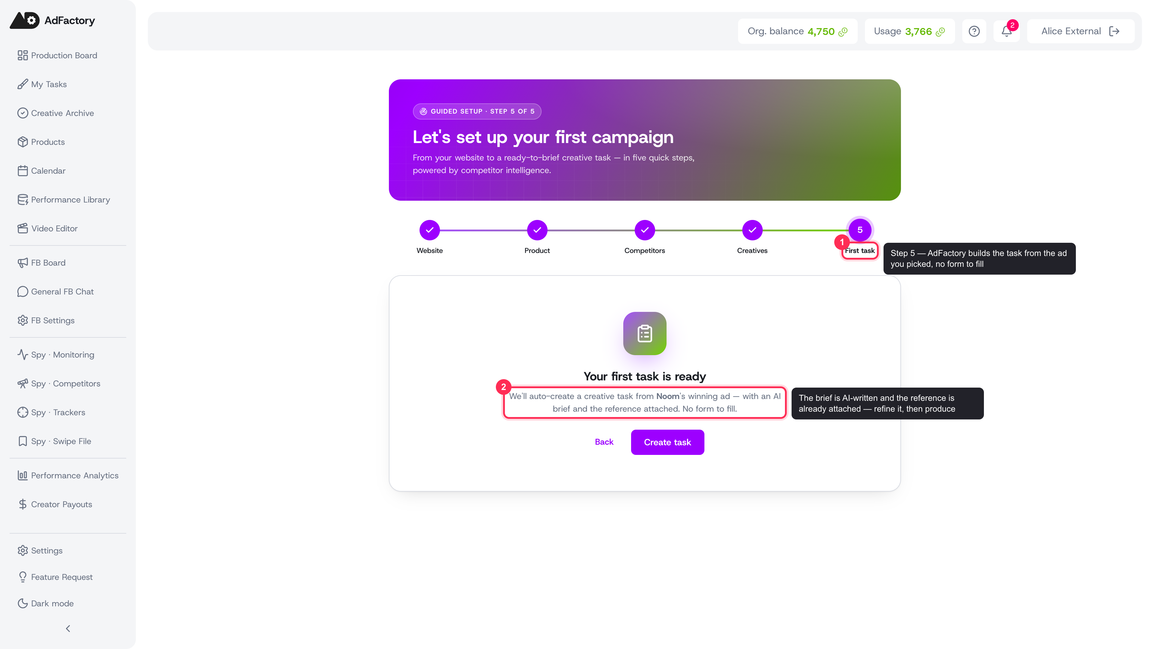 Step 5 — land on your first creative task, pre-briefed with the reference attached