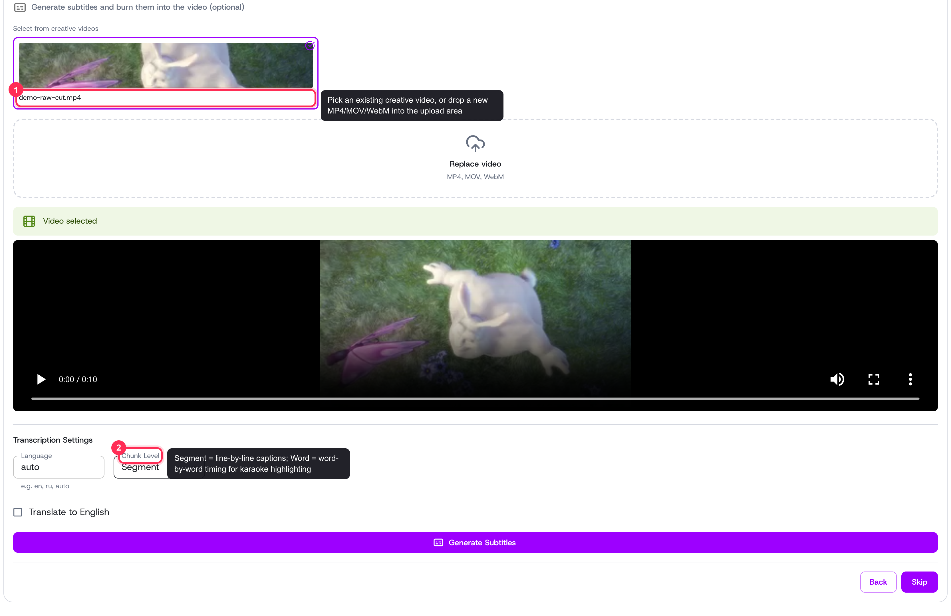Step 1: pick a source video, then set language, chunk level, and translation before generating.