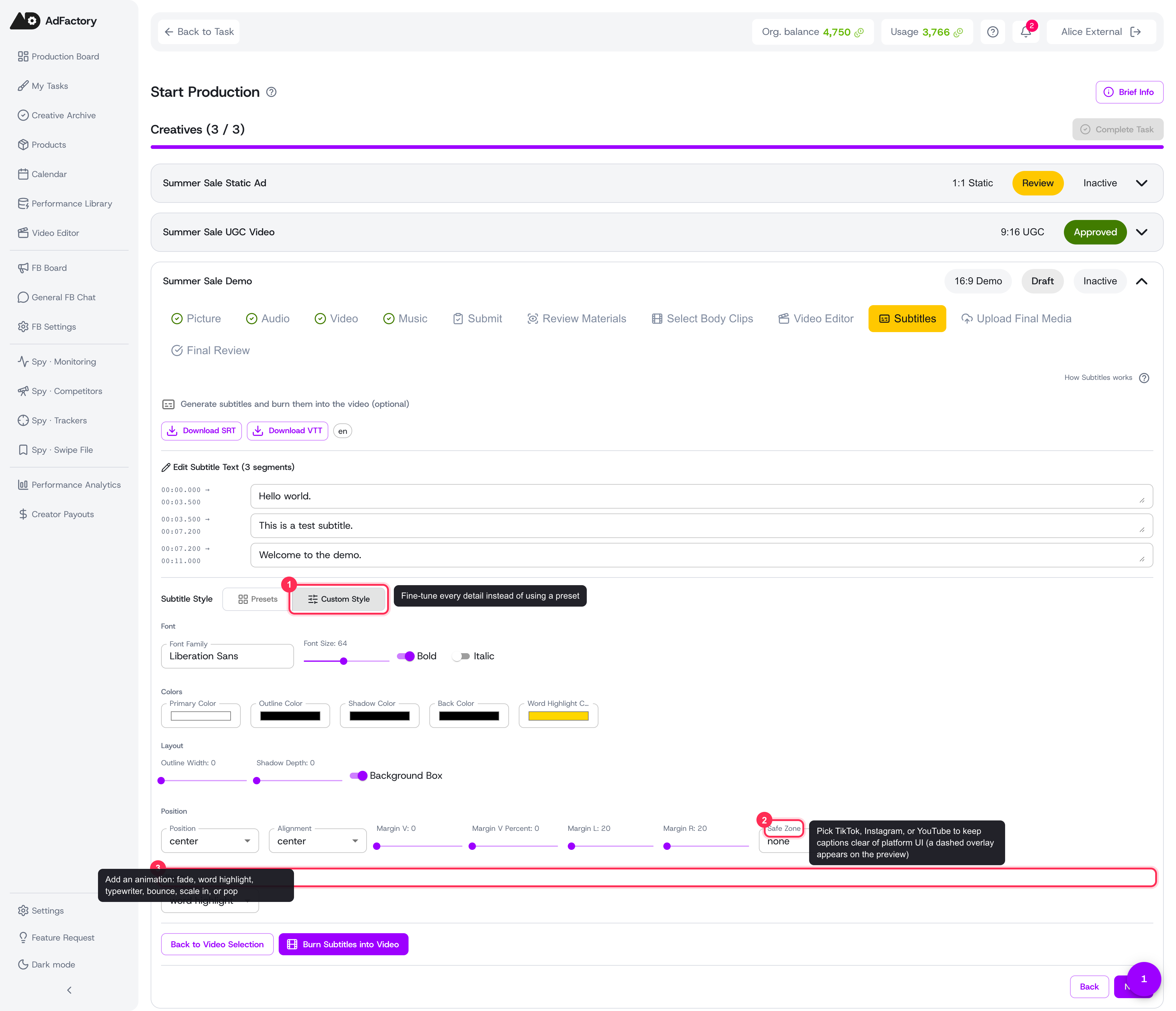 Custom Style groups every control: Font, Colors, Layout, Position (including Safe Zone), and Effects.