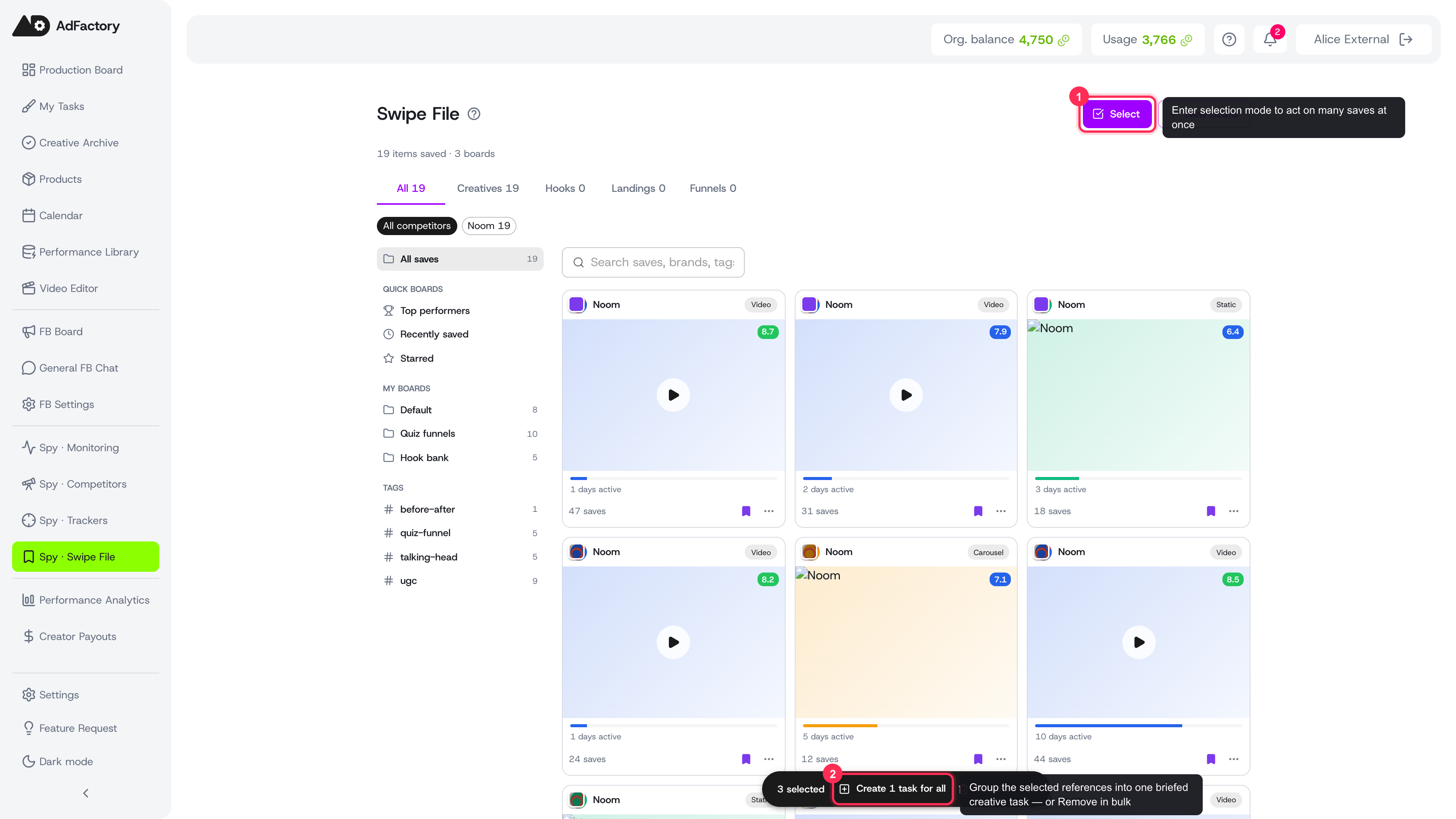 Bulk-selecting three saves and creating one task for all of them