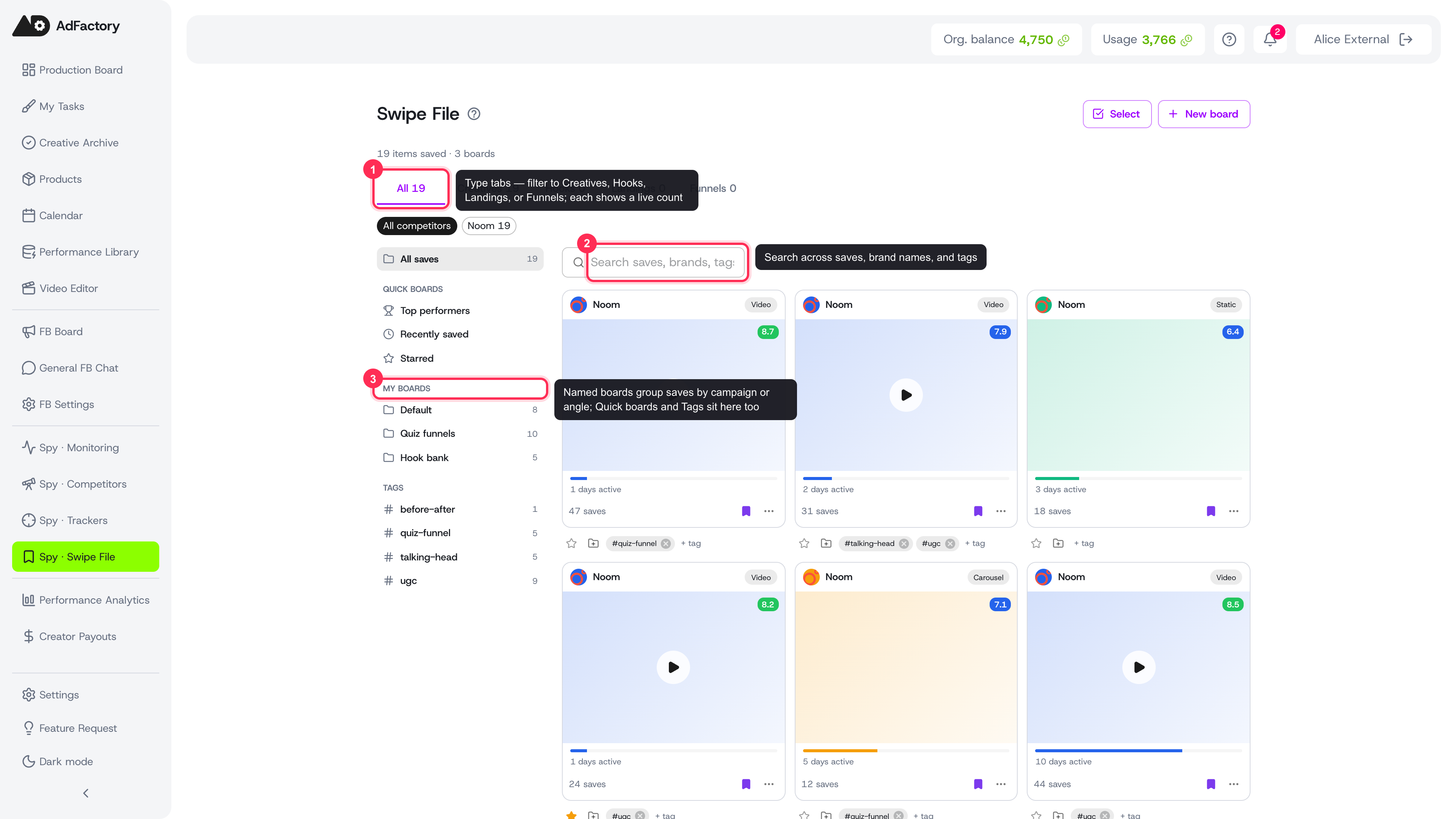 The swipe file with type tabs, search, boards, quick views, and tags labeled