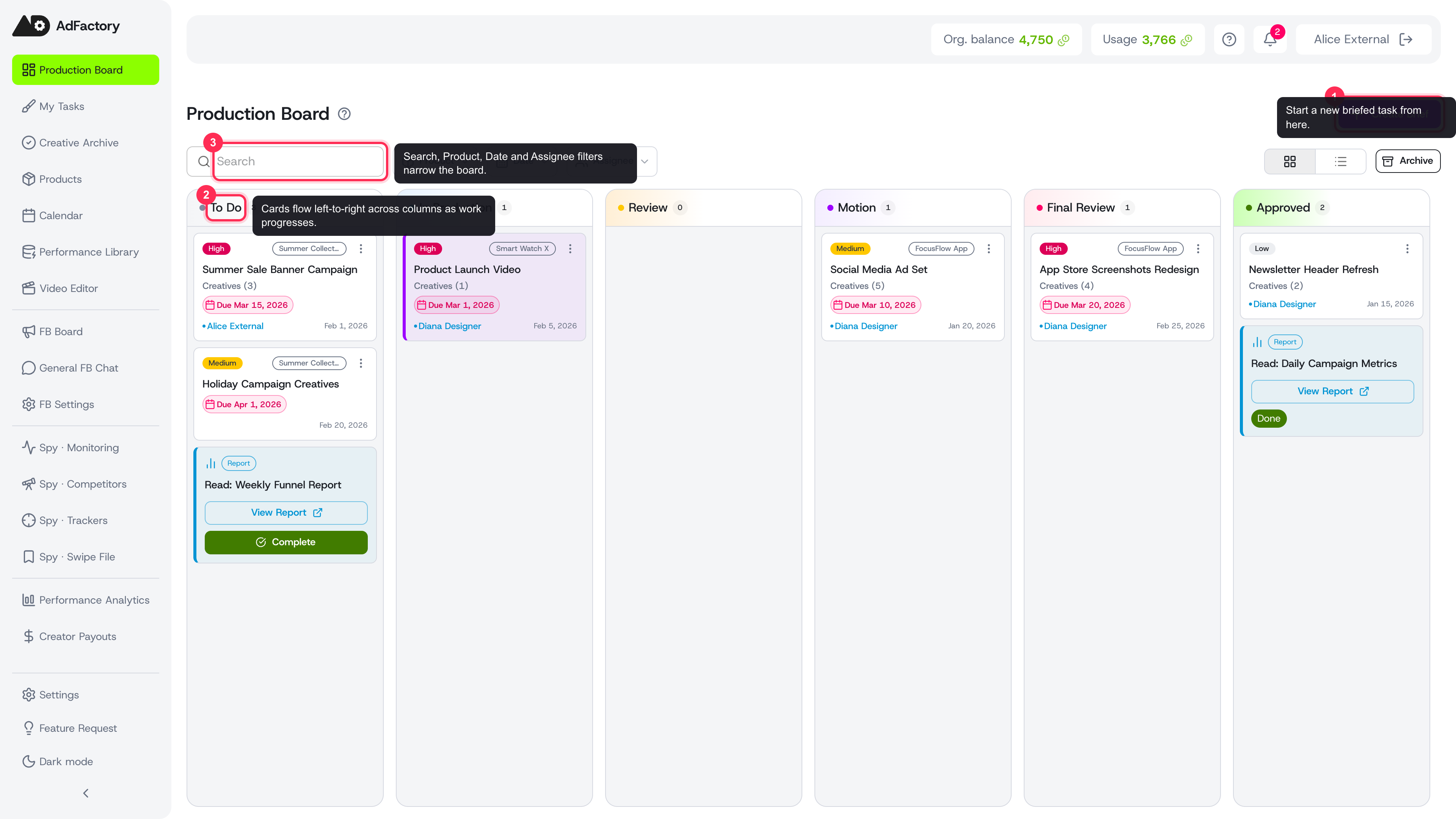 The Production Board: every task lives here and moves across status columns from To Do to Approved, with Create Brief, search, and filters up top.