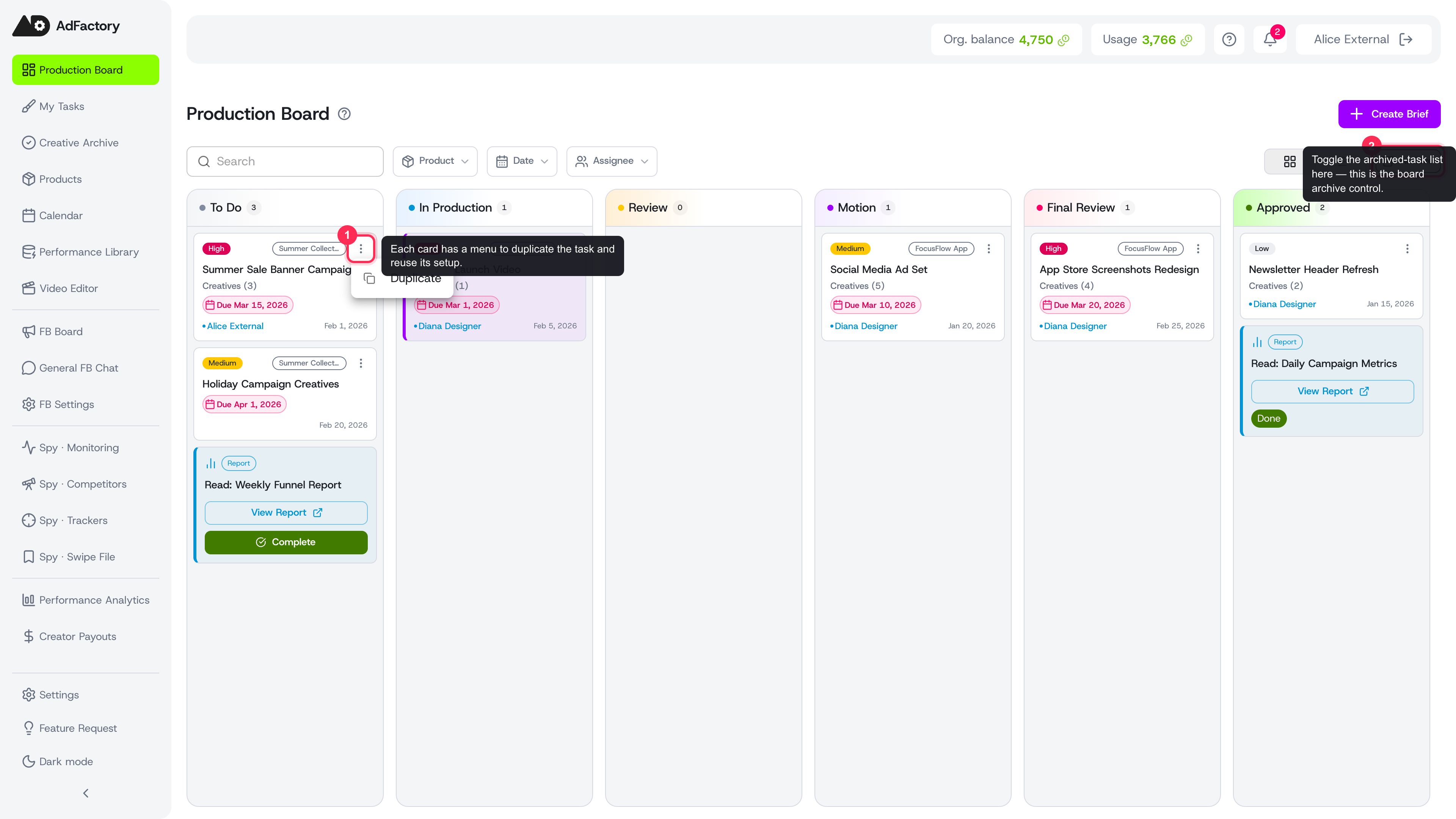 Each card has a menu to duplicate a task, while the top-right Archive button toggles the archived-task list.
