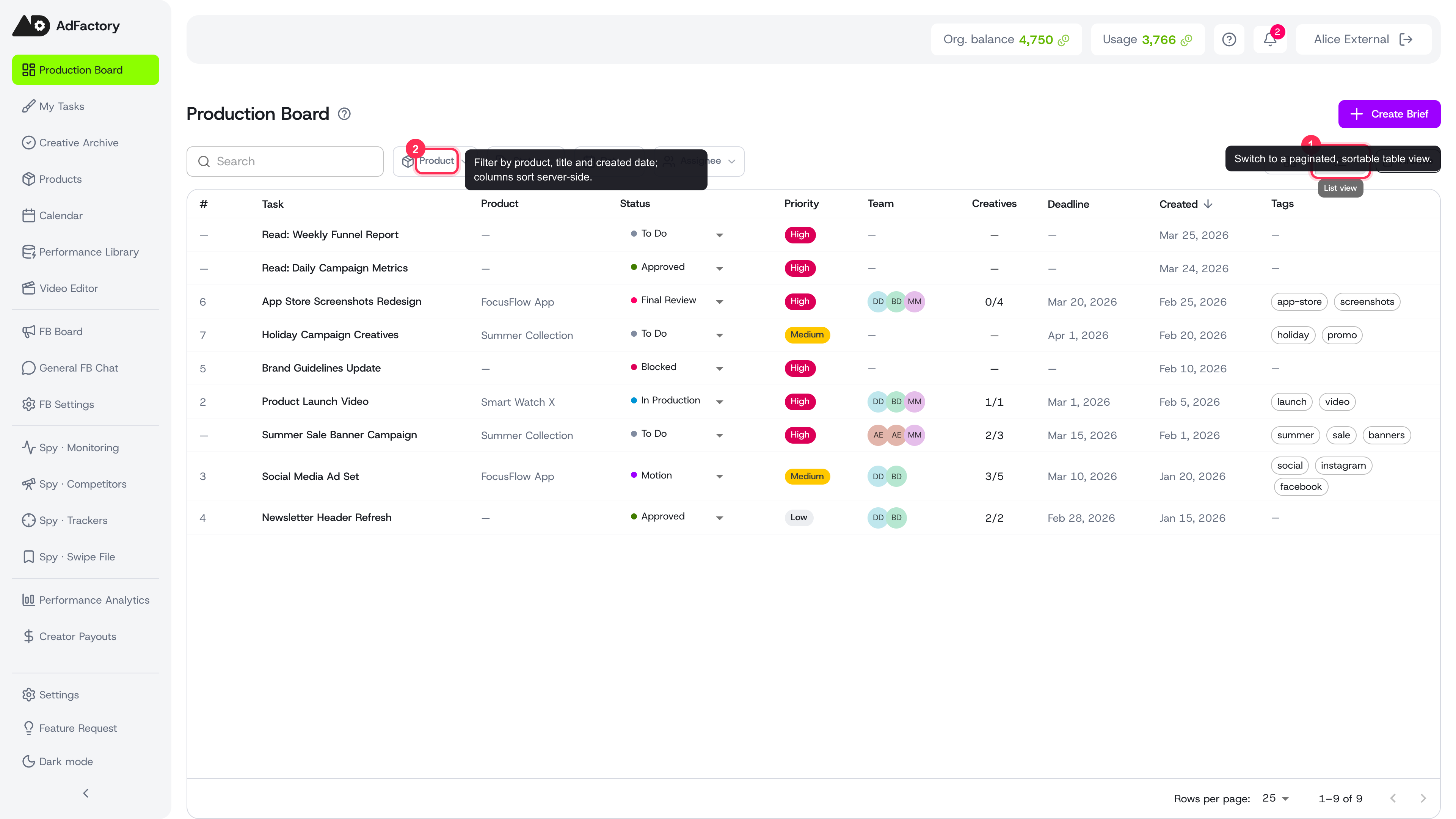 Table view: a paginated, filterable, sortable list of every task — best for scanning many at once.