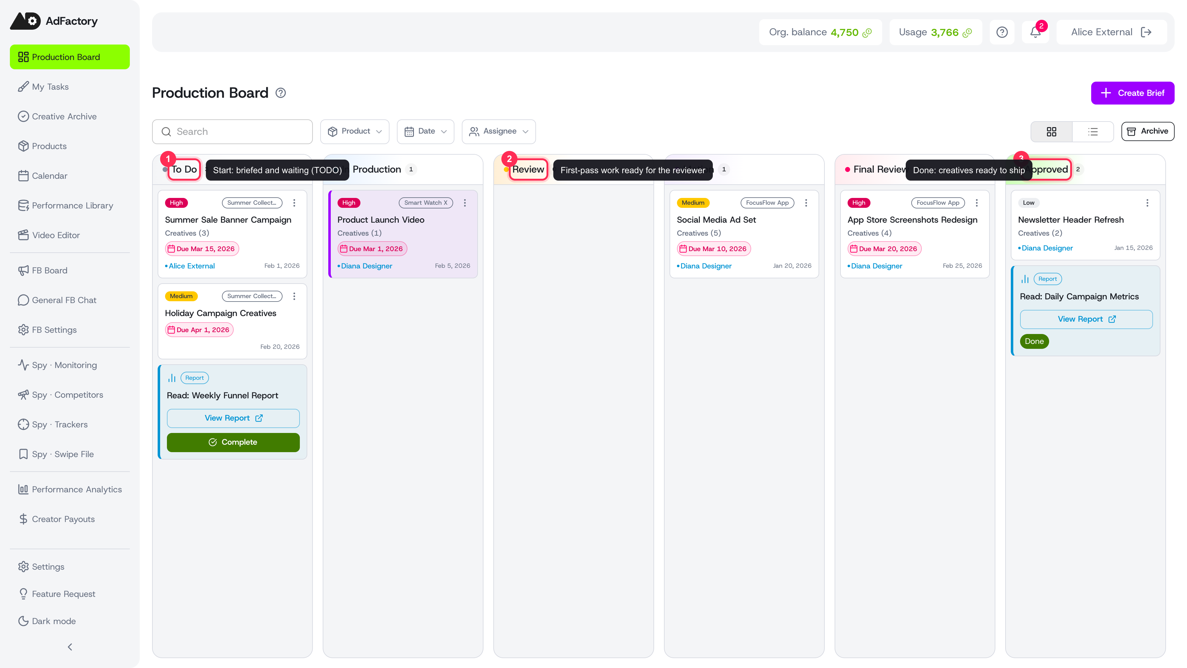 Each status is its own column; tasks flow left to right from To Do to Approved
