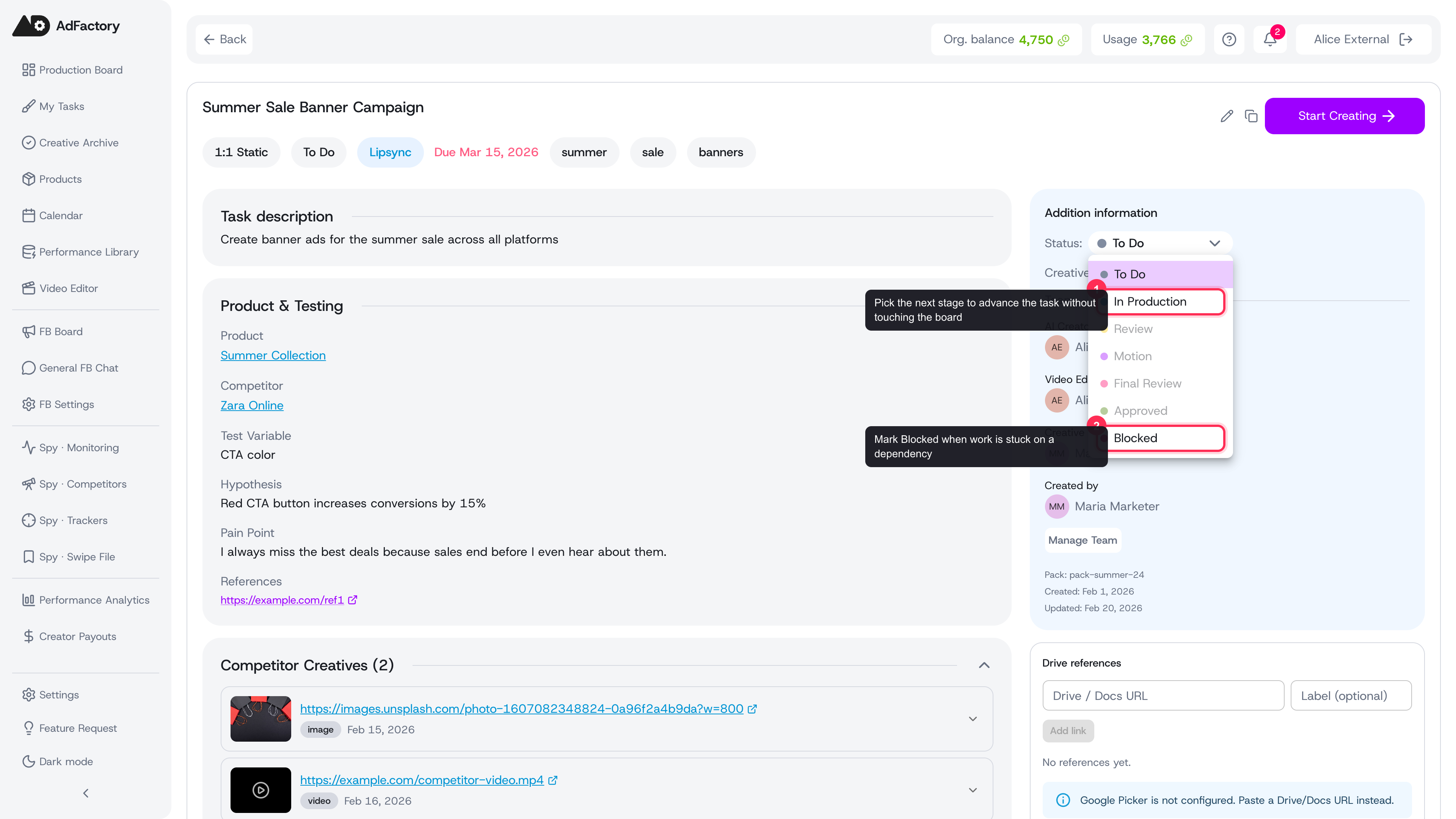 Change a task's status directly from its detail page, including marking it Blocked
