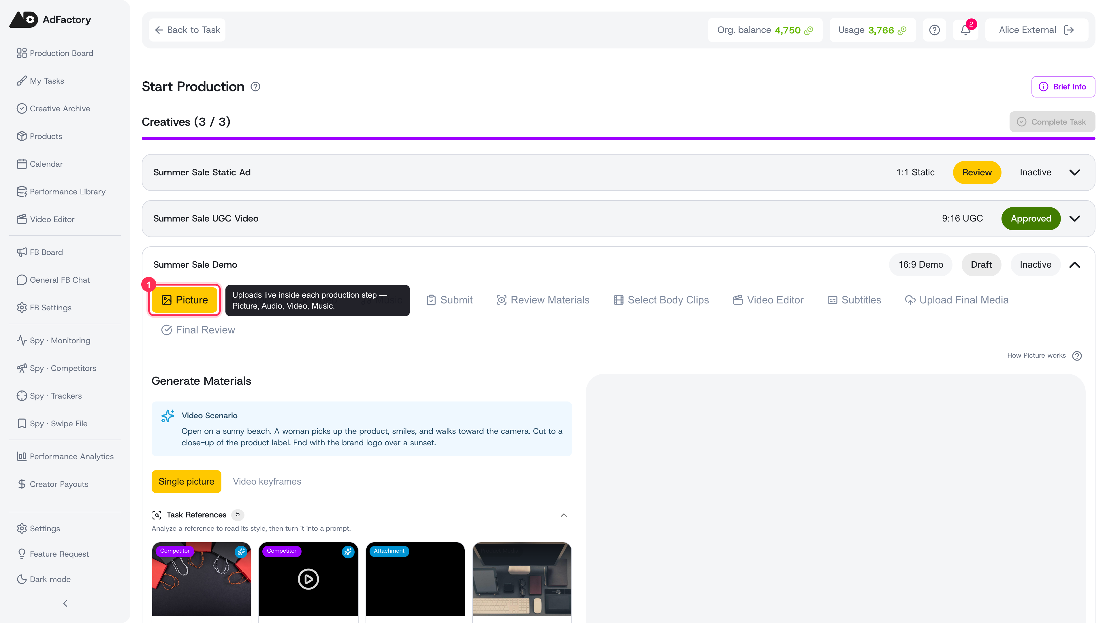 The creative editor: uploads live inside each production step, alongside AI generation