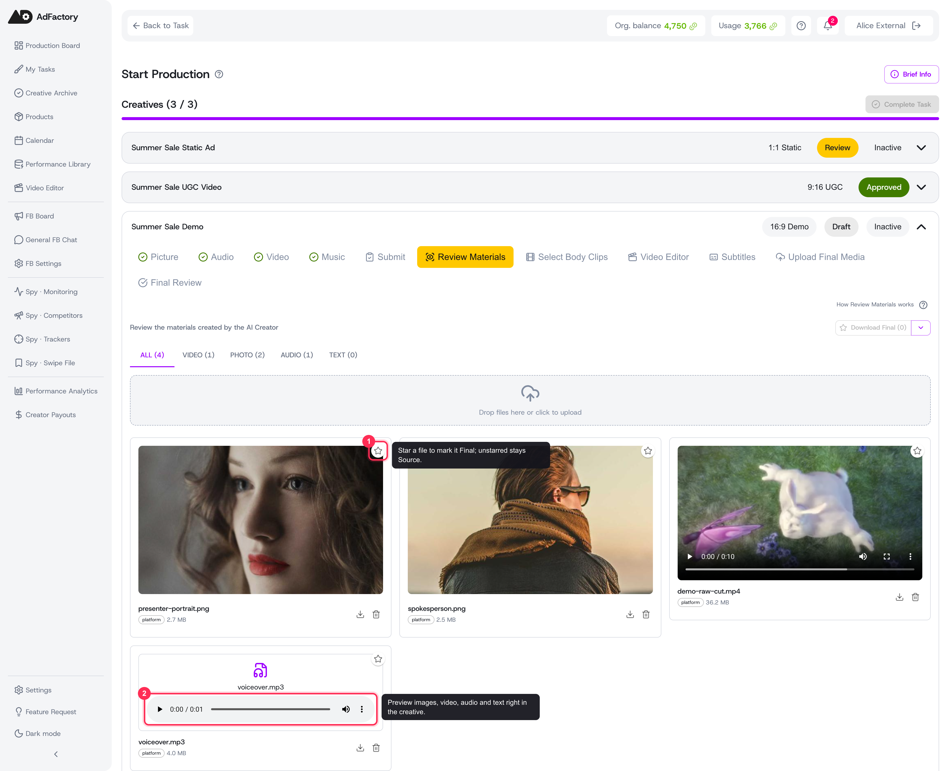 Uploaded and generated files sit together as materials — star one to mark it final, and preview it inline