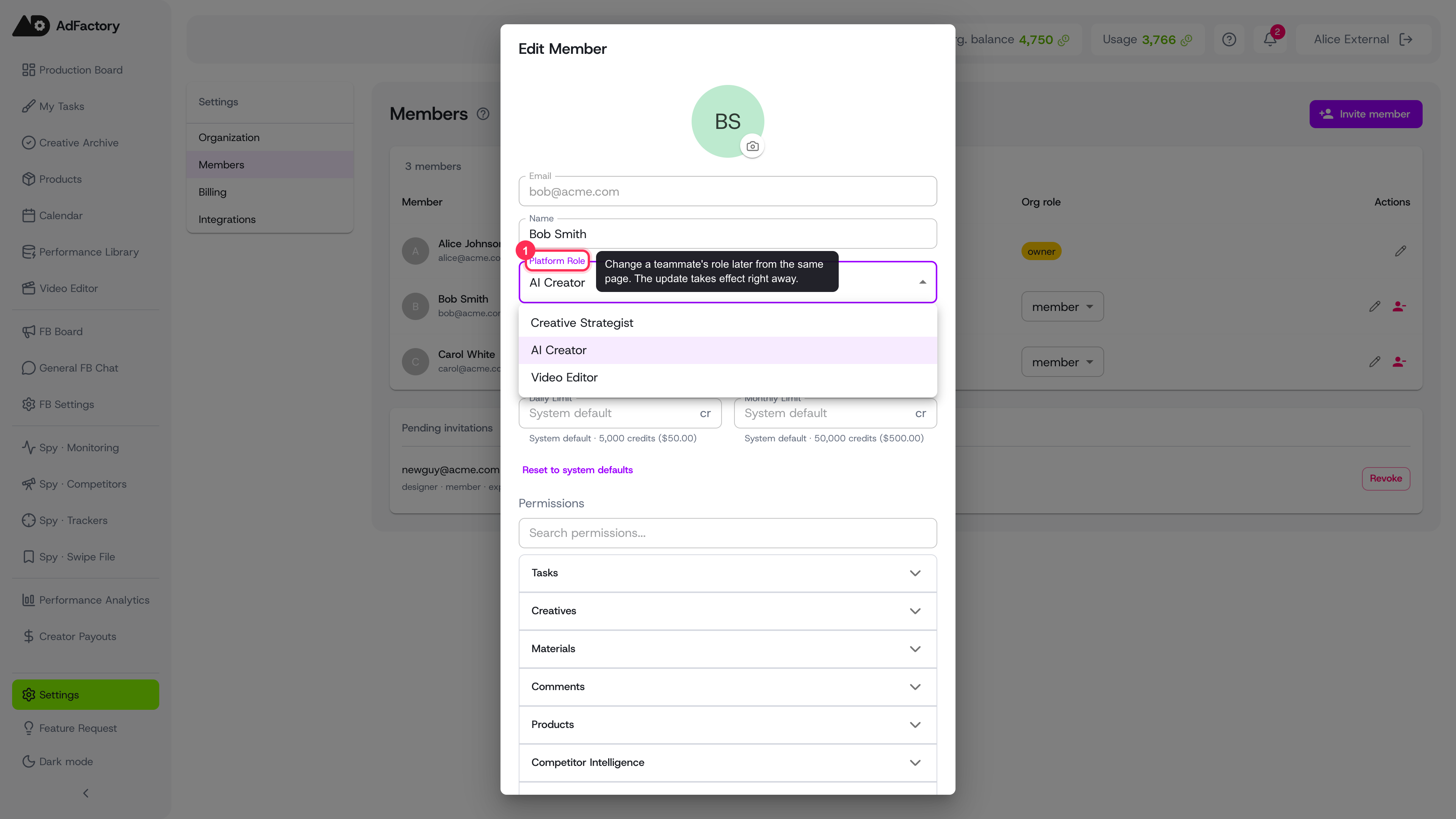 Changing a teammate's role from the Edit member dialog