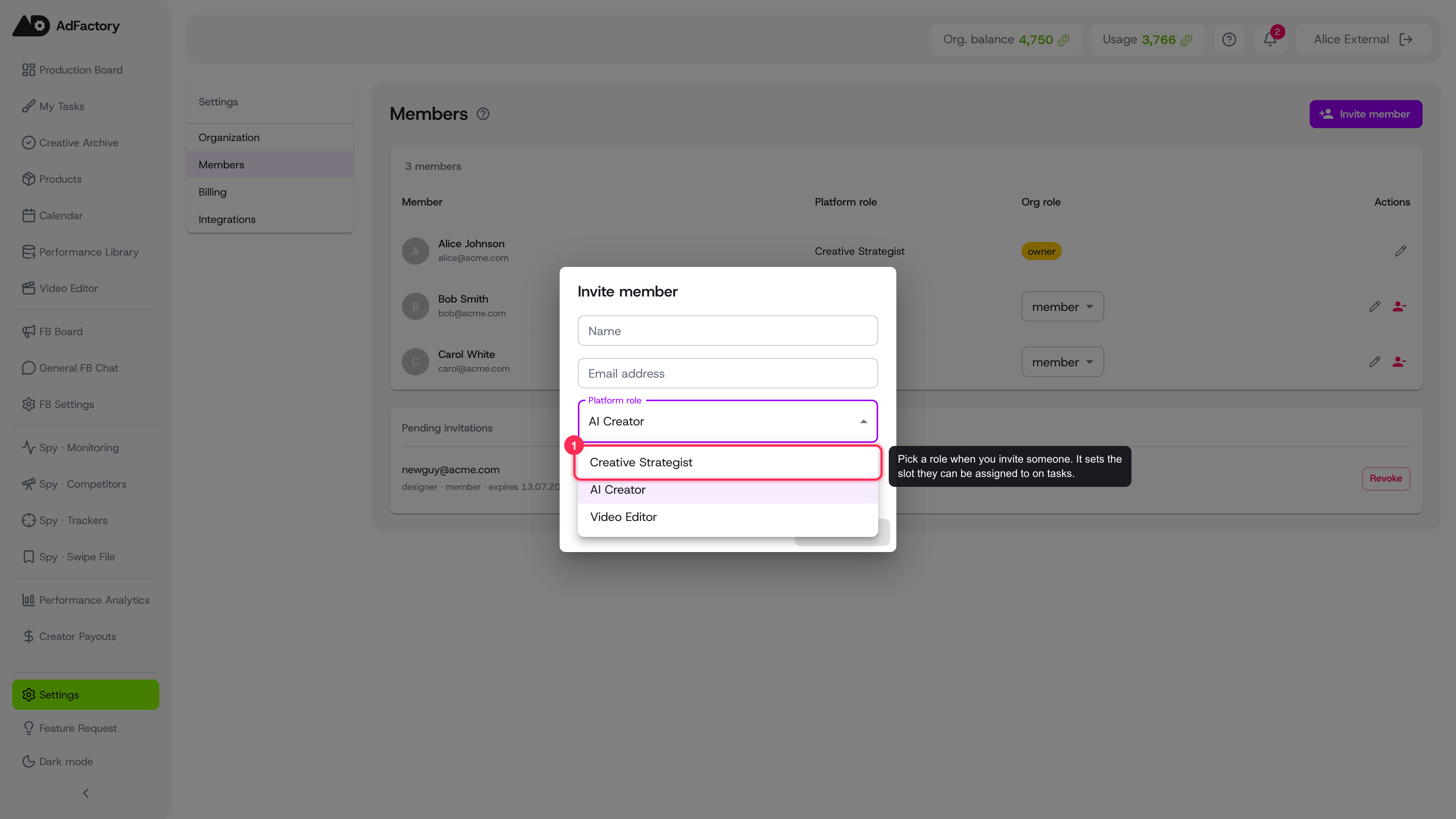 Choosing a platform role in the Invite member dialog