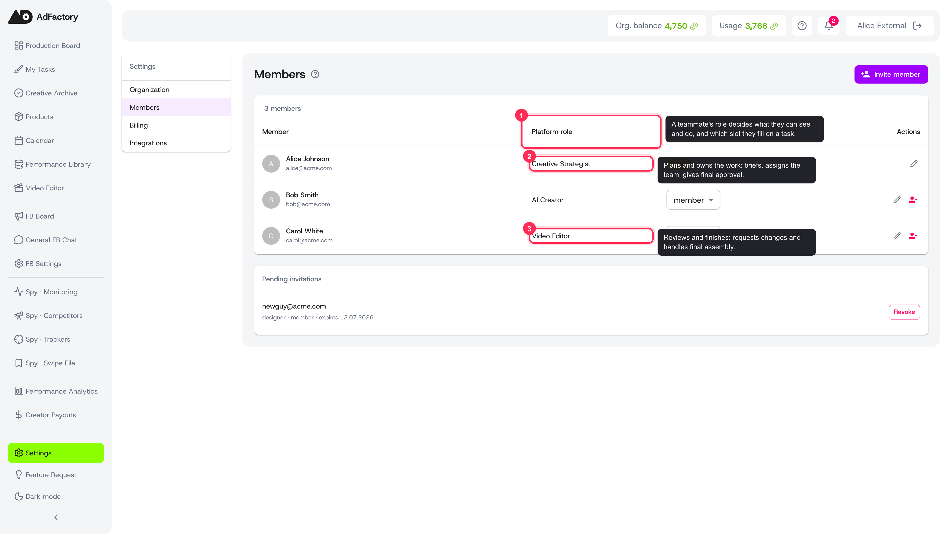 The Members page lists every teammate's platform role, mapped to the three production roles