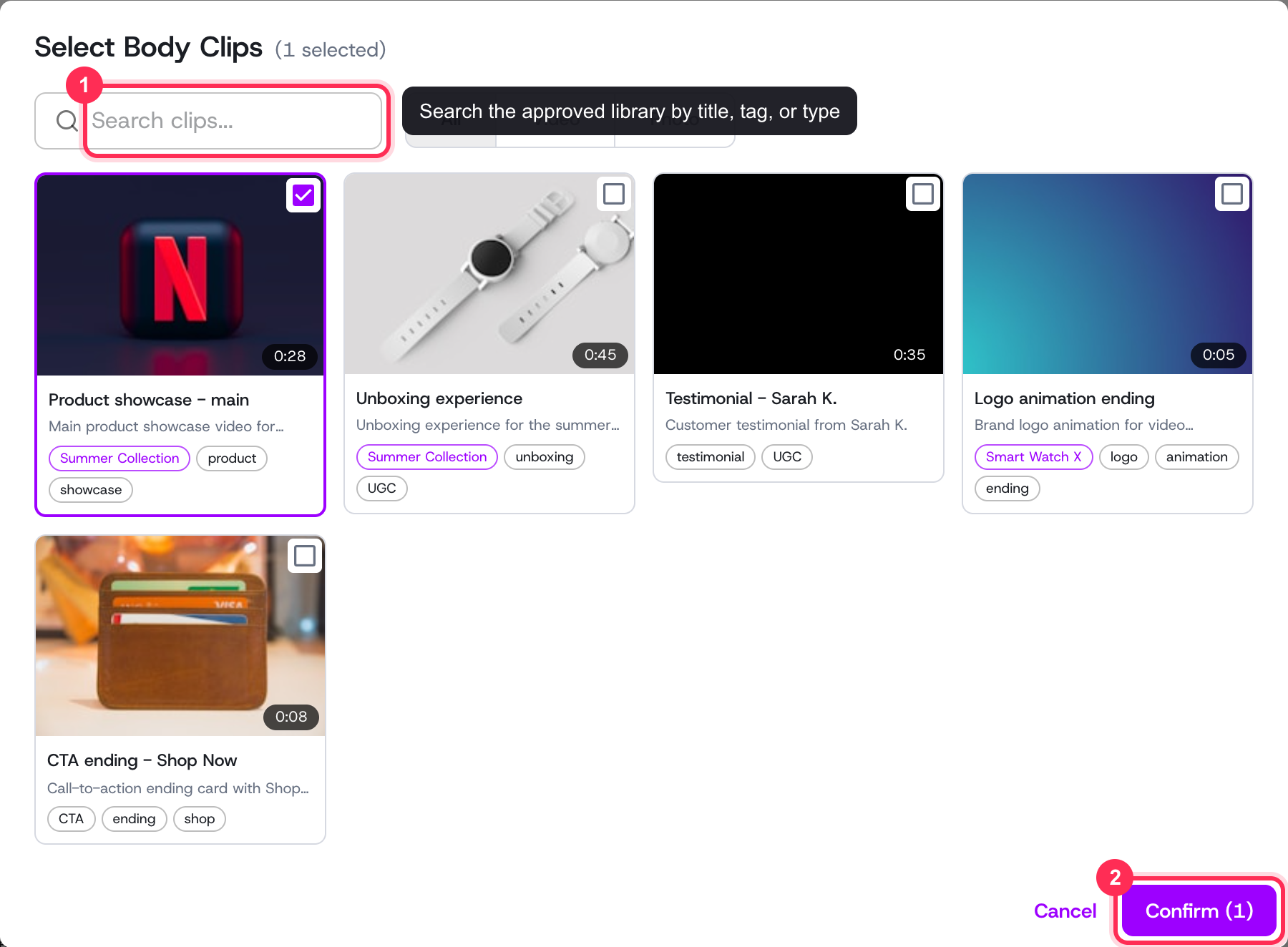 Browse library searches the full approved body-clip library and adds anything the suggestions missed
