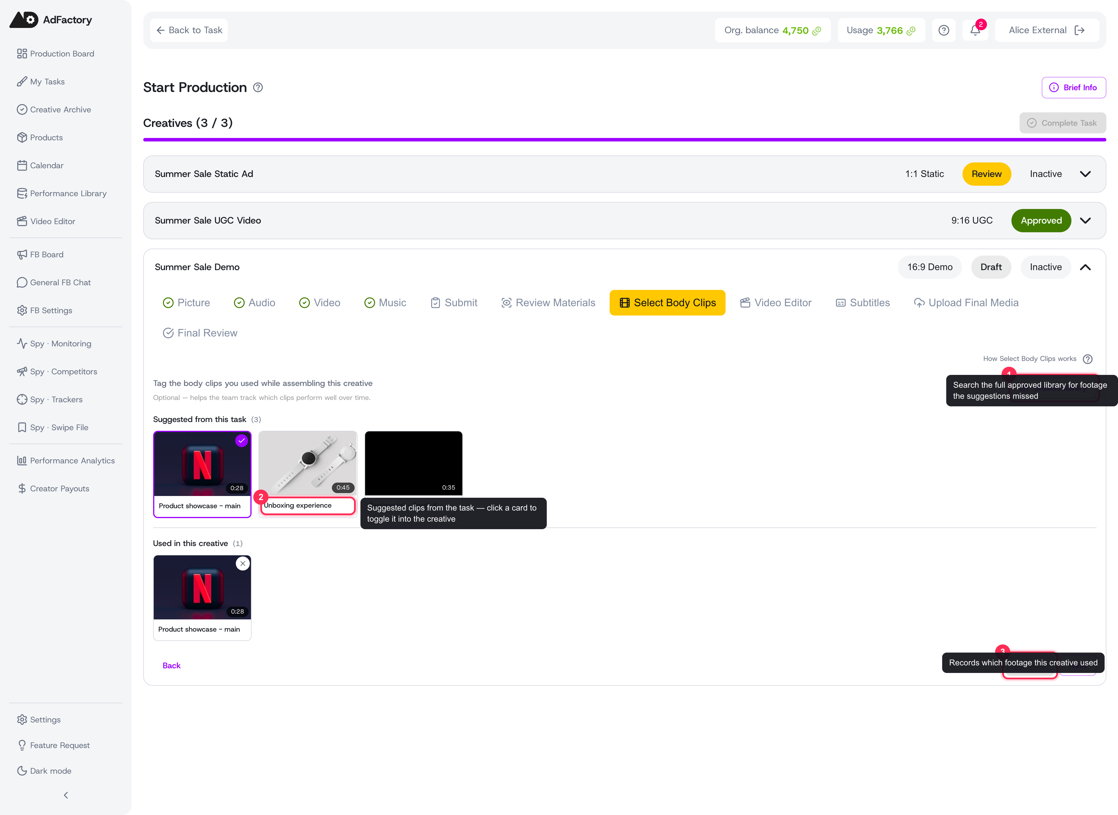 The Select Body Clips step: tap a suggested card, browse the library, then Save which footage this creative used
