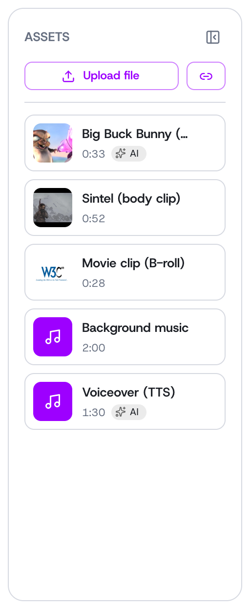 The Assets panel listing AI-generated media, uploads, and body clips