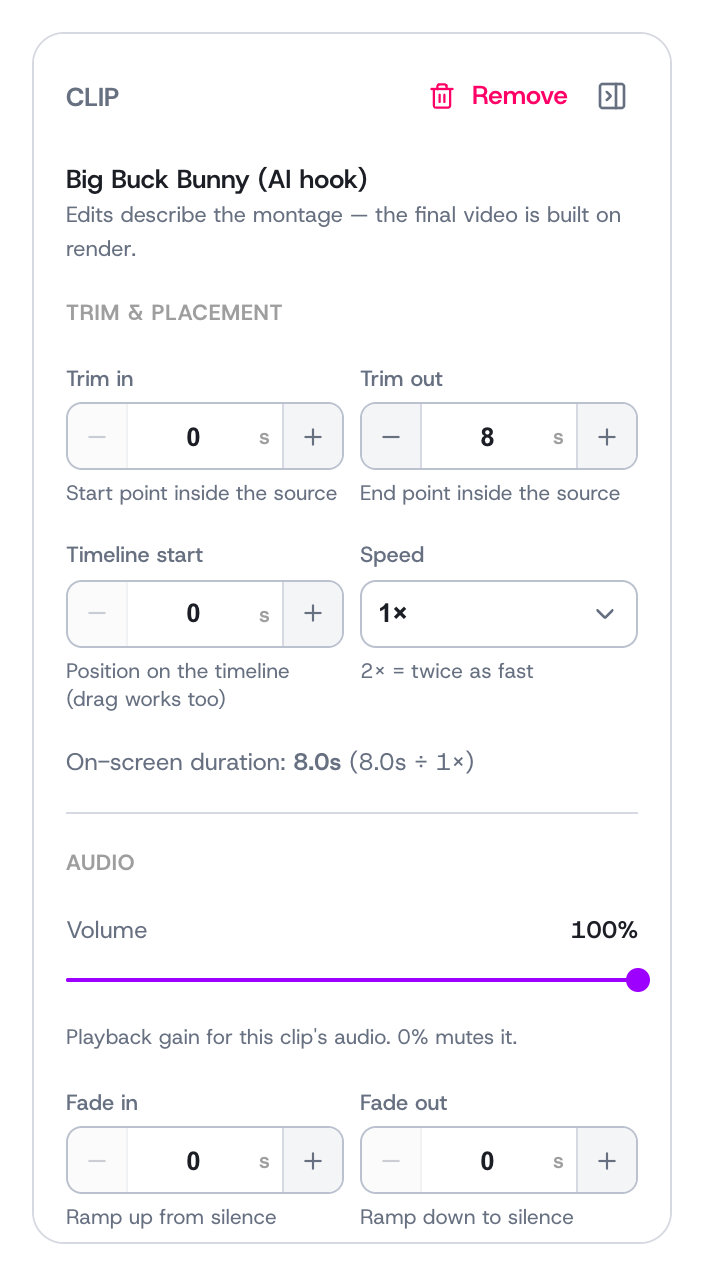 Selecting a clip opens the Clip inspector with trim in/out, timeline start, speed, volume, and fades