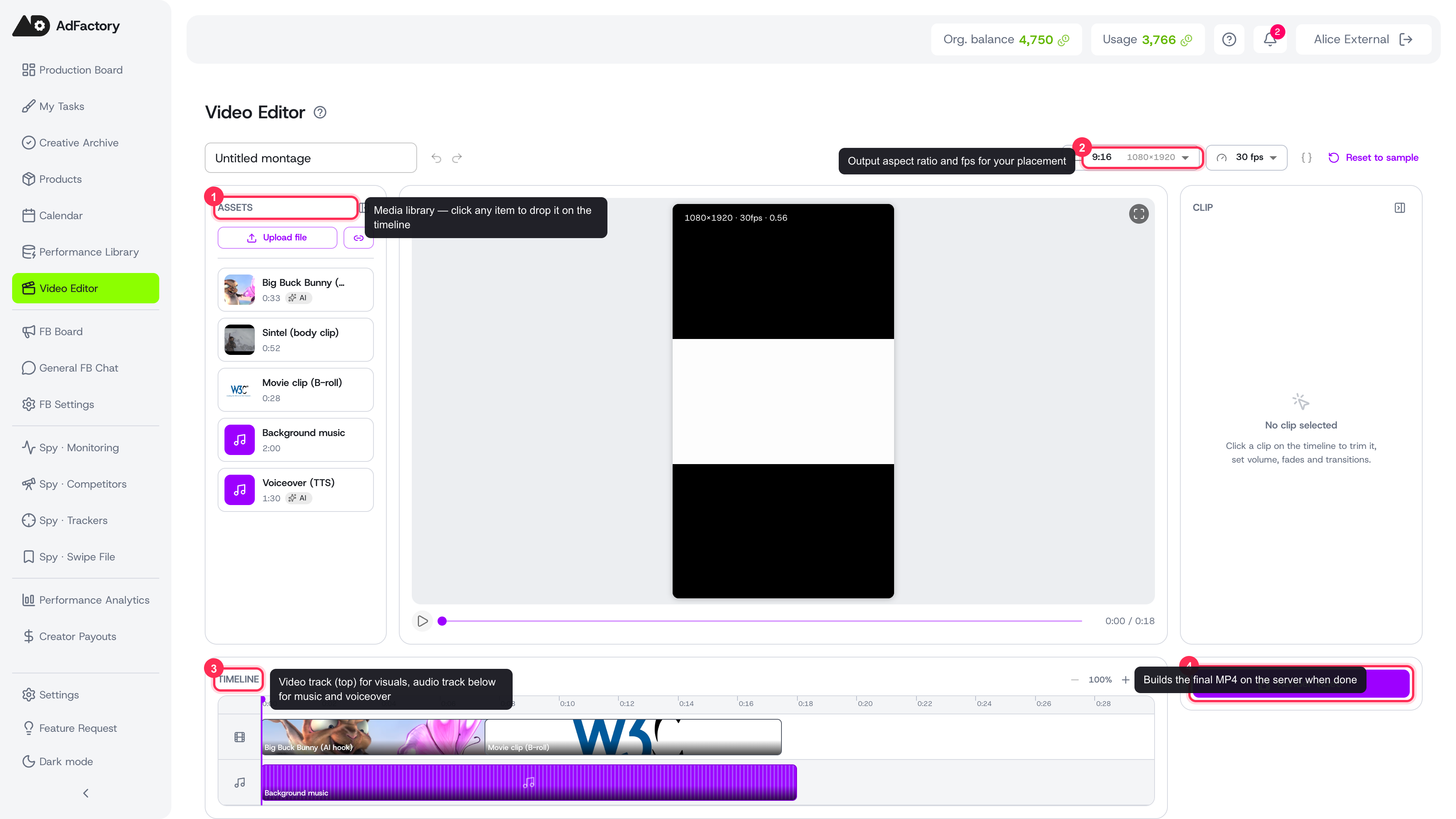 The video editor: Assets panel, preview player, timeline tracks, Clip inspector, and output controls