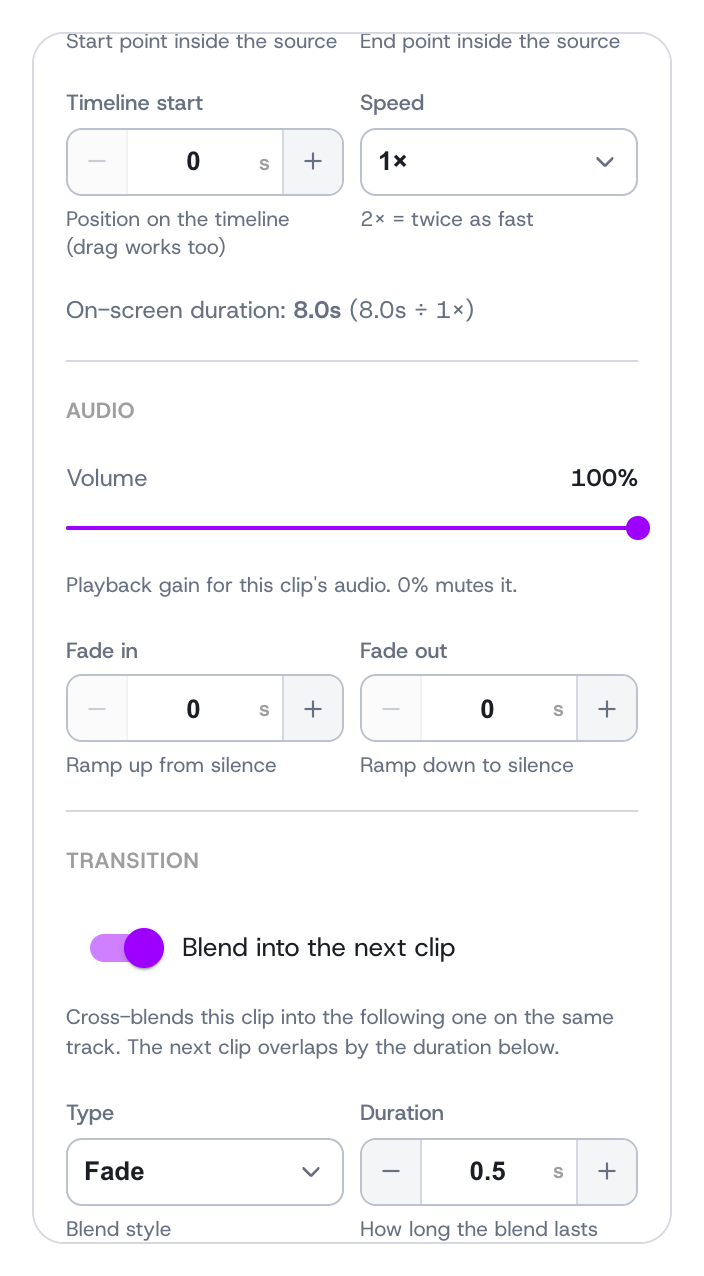 The Transition controls: Blend into the next clip turned on, with a Fade style and a blend duration
