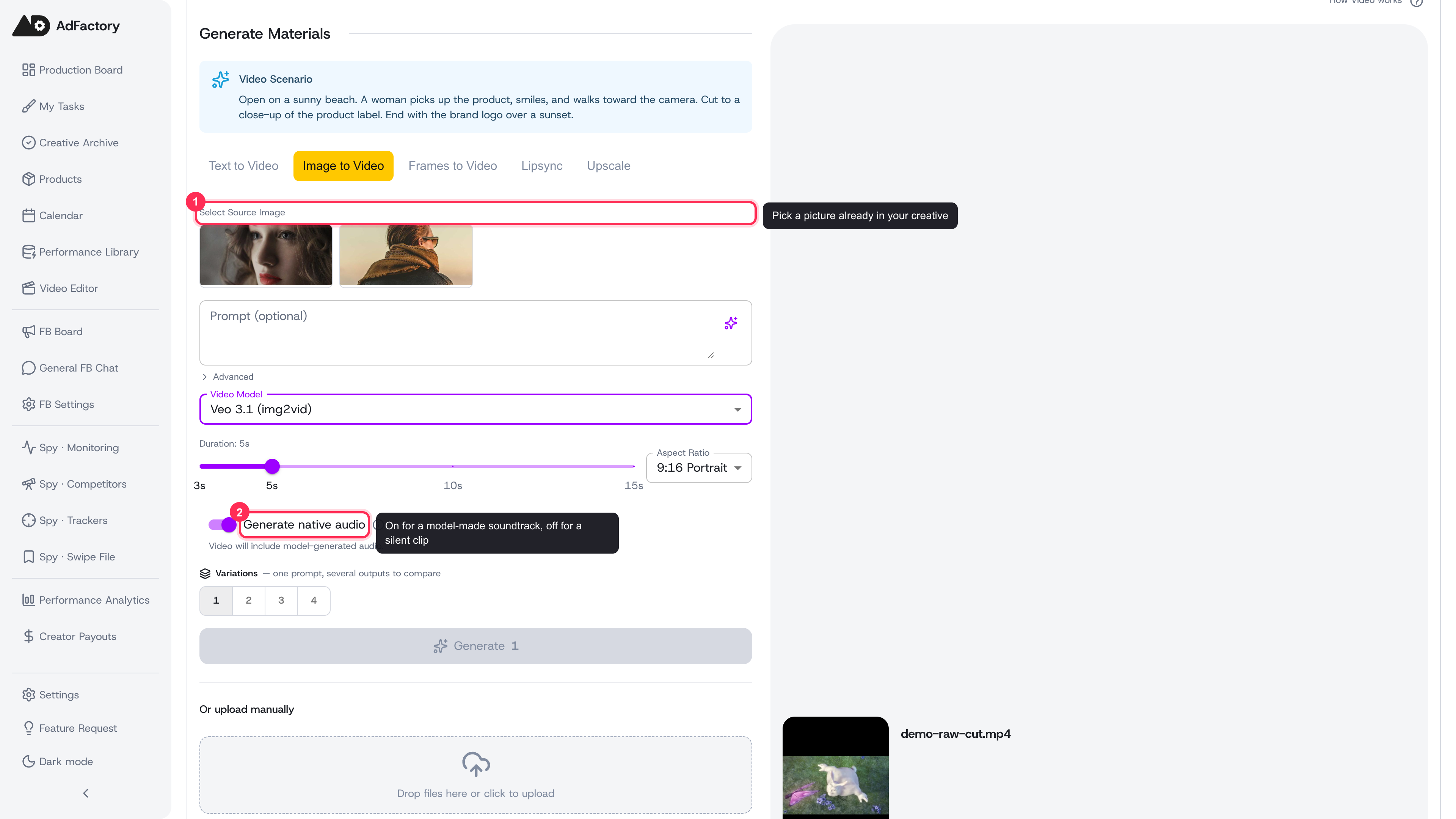 The Image to Video tab: pick a source image from your creative, then choose a model — some show a Generate native audio toggle