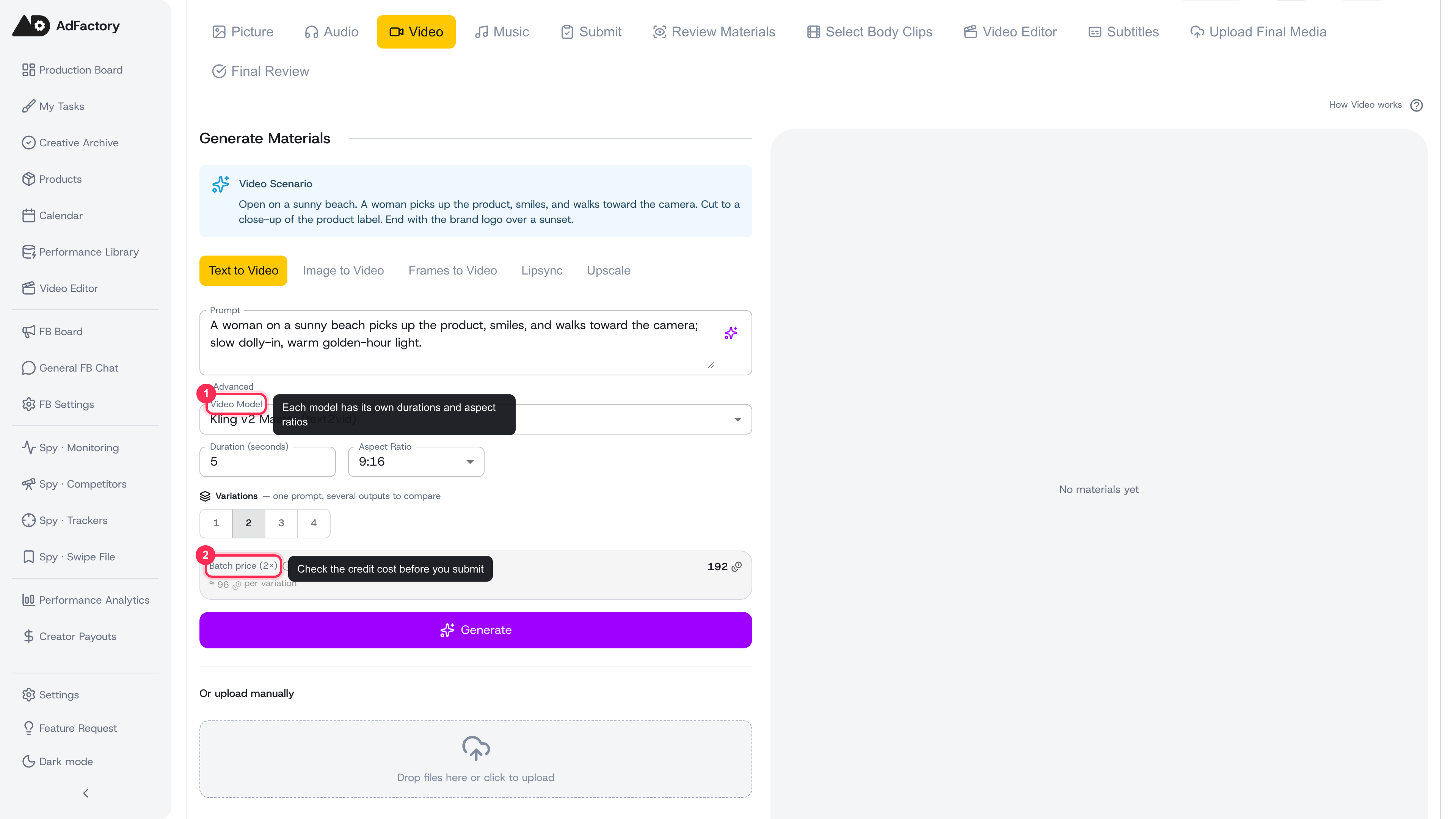 The Text to Video tab: a prompt, model, duration, aspect ratio, variation count, and the batch cost estimate above the Generate button