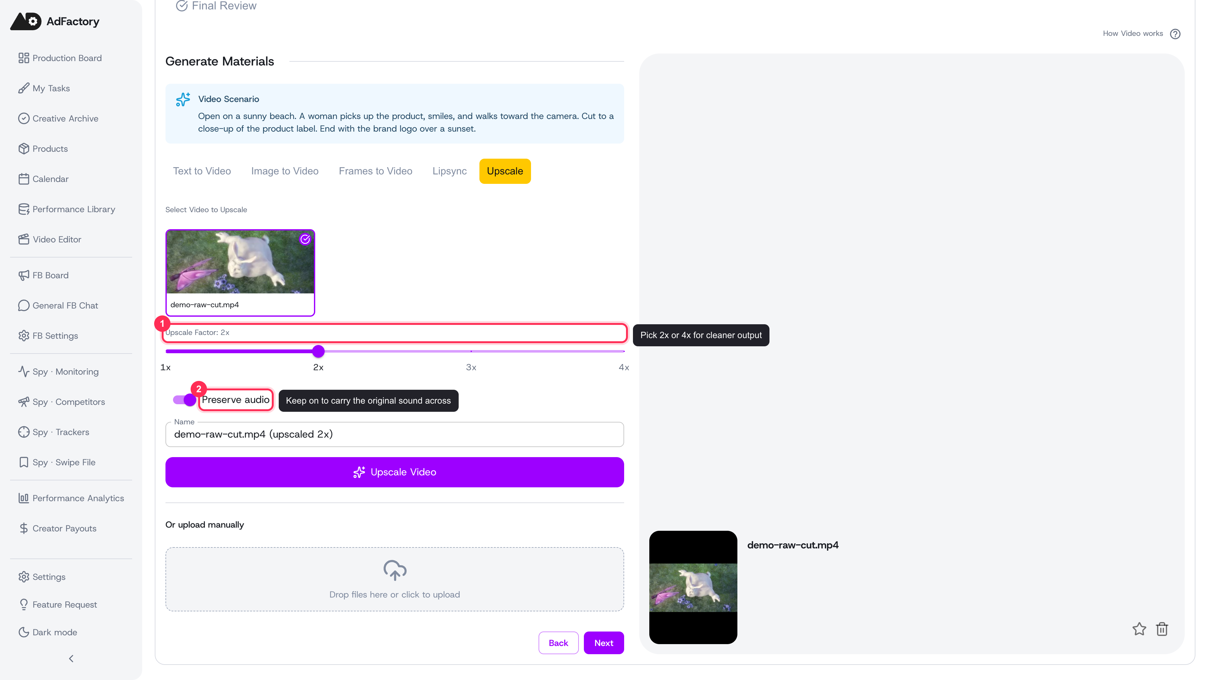 The Upscale tab: choose an existing clip, set the upscale factor, and keep Preserve audio on to carry the original sound across