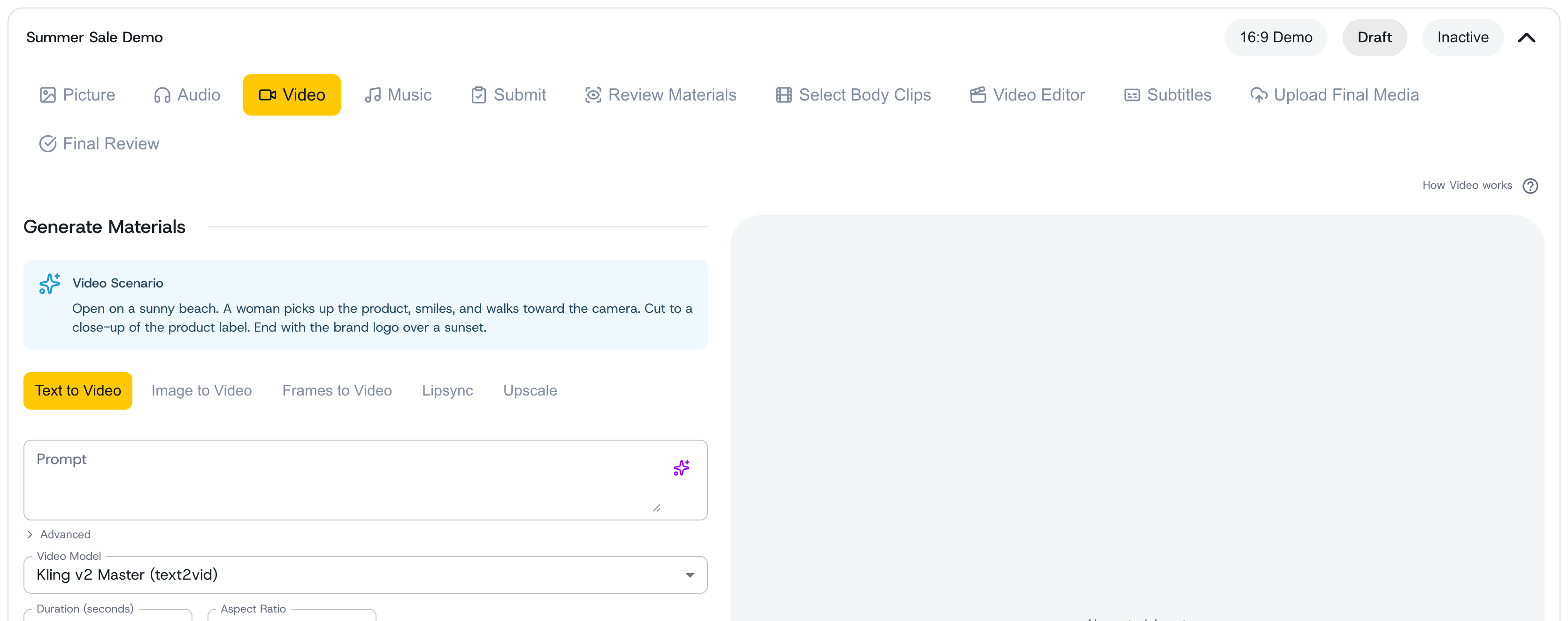 The Video step inside the creative editor, with its five generation tabs — Text to Video, Image to Video, Frames to Video, Lipsync, and Upscale